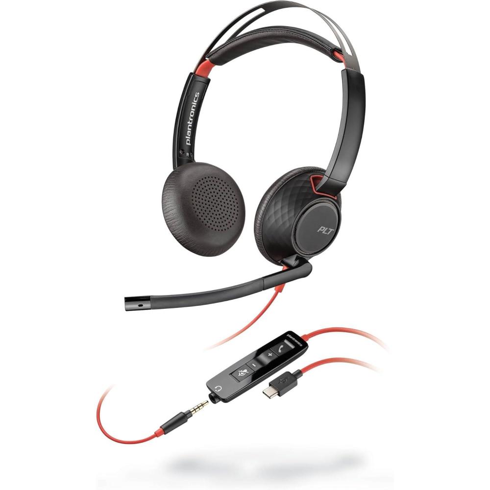 imagePoly Blackwire 5220 Wired Headset  Flexible Boom Mic  Noise Cancelling Headphones with Mic  USBC USBA 35mm  Ergonomic OverEar Design  Works with Microsoft Teams Zoom  Work from HomeOne size