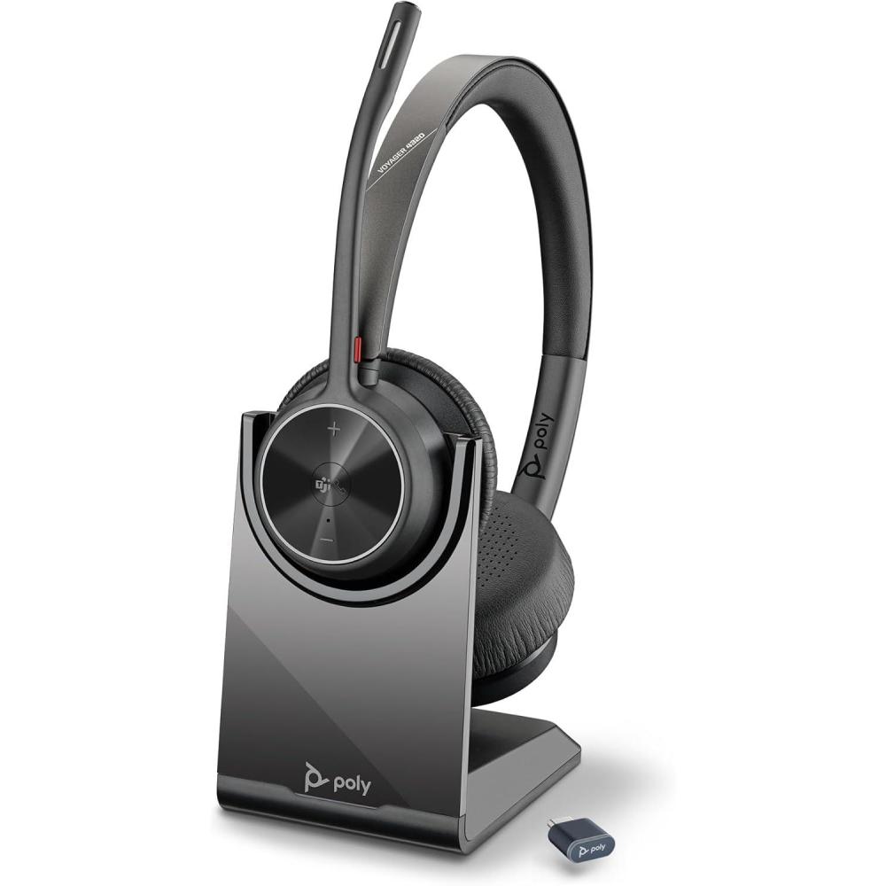 imagePoly Voyager 4320 UC Wireless Headset ampamp Charge Stand  NoiseCanceling Wireless Headphones with Mic  Connect to PC via USBC to USBA Adapter Cell Phone via Bluetooth Microsoft Teams CertifiedHeadset  Charge Stand  Teams Version