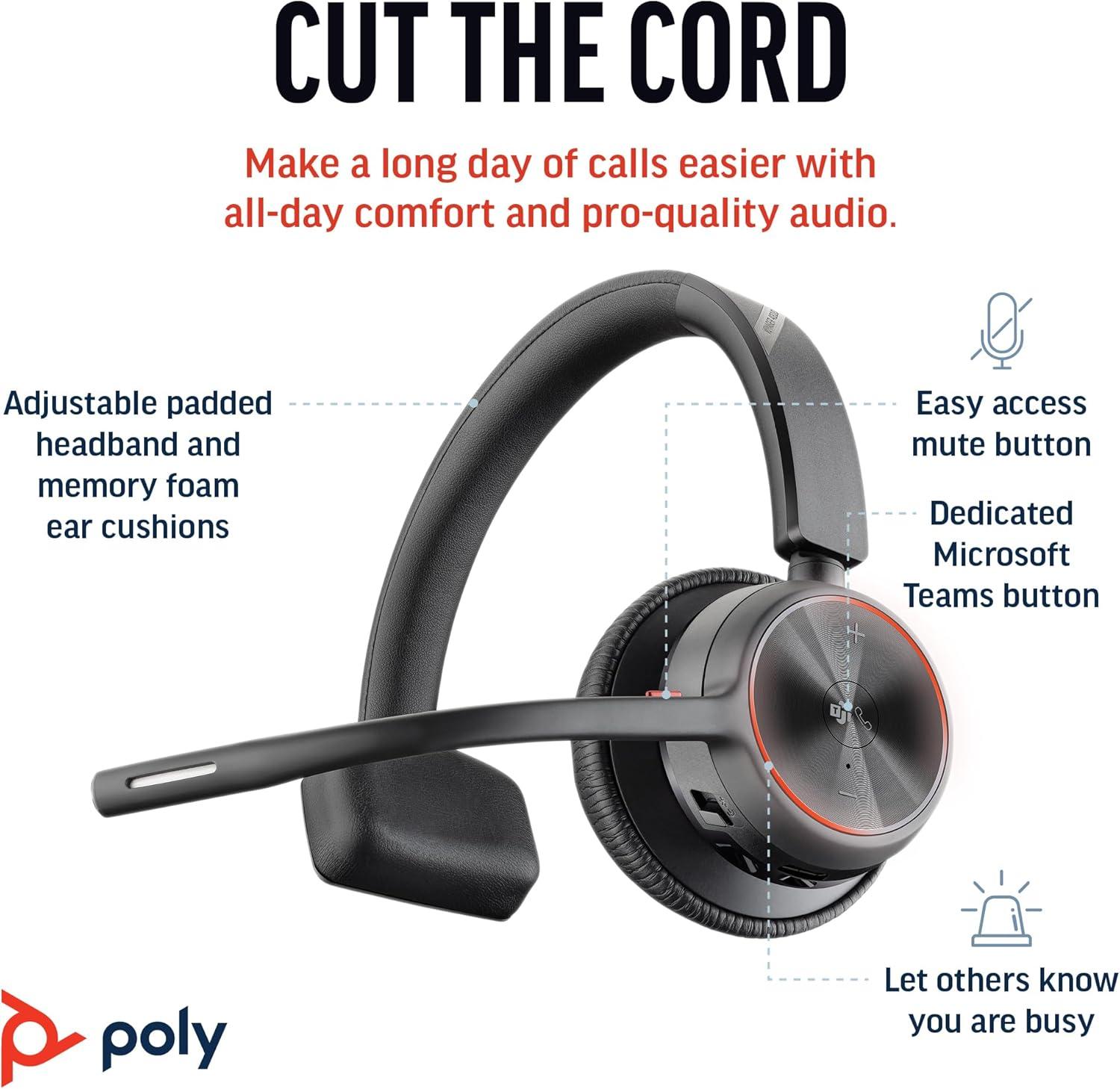 imagePoly Voyager 4310 UC Wireless Bluetooth Headset Plantronics SingleEar wNoiseCanceling Boom Mic Connect to PCMacMobile Works wTeams Zoom ampamp More Amazon ExclusiveBlack2023 Version USBC USBA