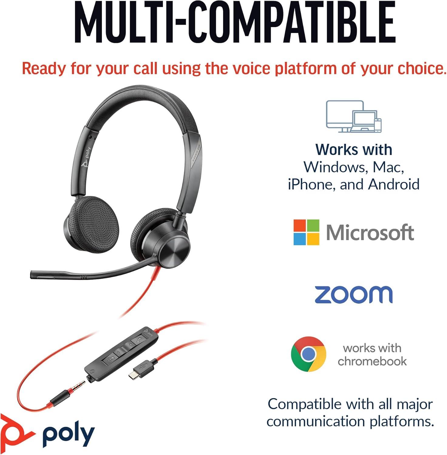imagePoly Blackwire 3325 Wired Headset Plantronics Flexible Microphone Boom Hifi Stereo Connect to PCMacMobile via USBC USBA or 35 mm Works with Teams Zoom Amazon ExclusiveOne Size