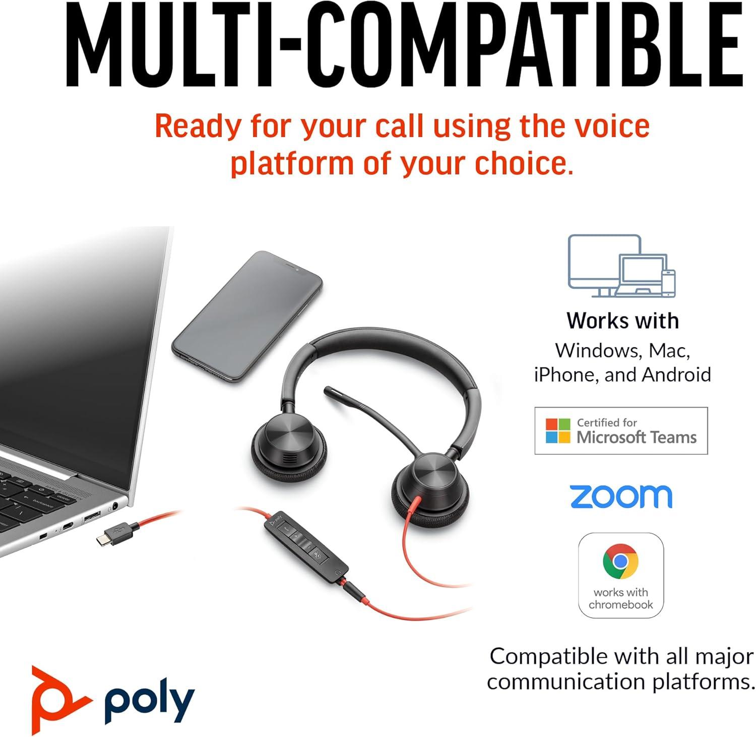 imagePoly Blackwire 3325 Wired Headset Plantronics Flexible Microphone Boom Hifi Stereo Connect to PCMacMobile via USBC USBA or 35 mm Works with Teams Zoom Amazon ExclusiveOne Size