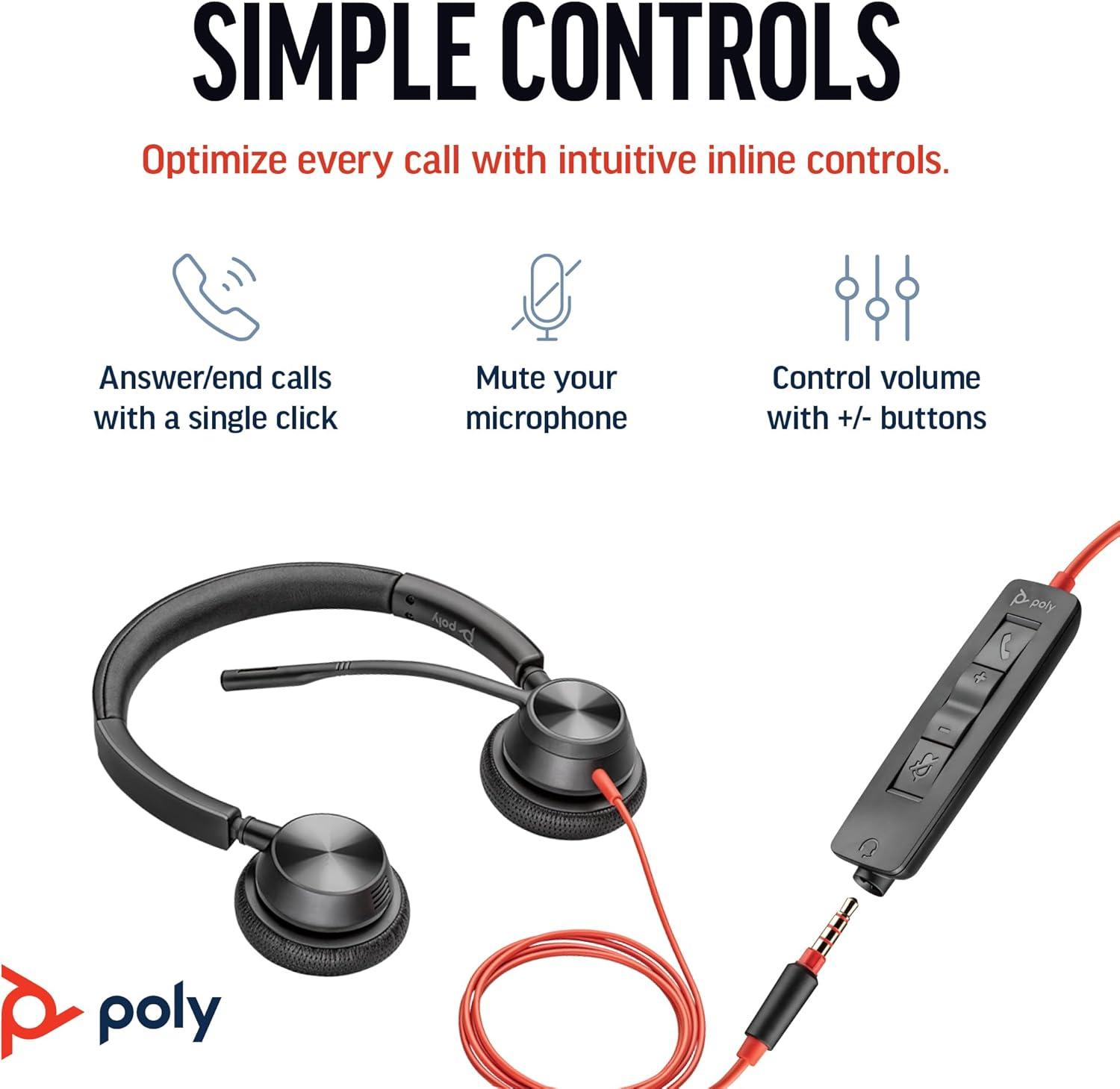 imagePoly Blackwire 3325 Wired Headset Plantronics Flexible Microphone Boom Hifi Stereo Connect to PCMacMobile via USBC USBA or 35 mm Works with Teams Zoom Amazon ExclusiveOne Size