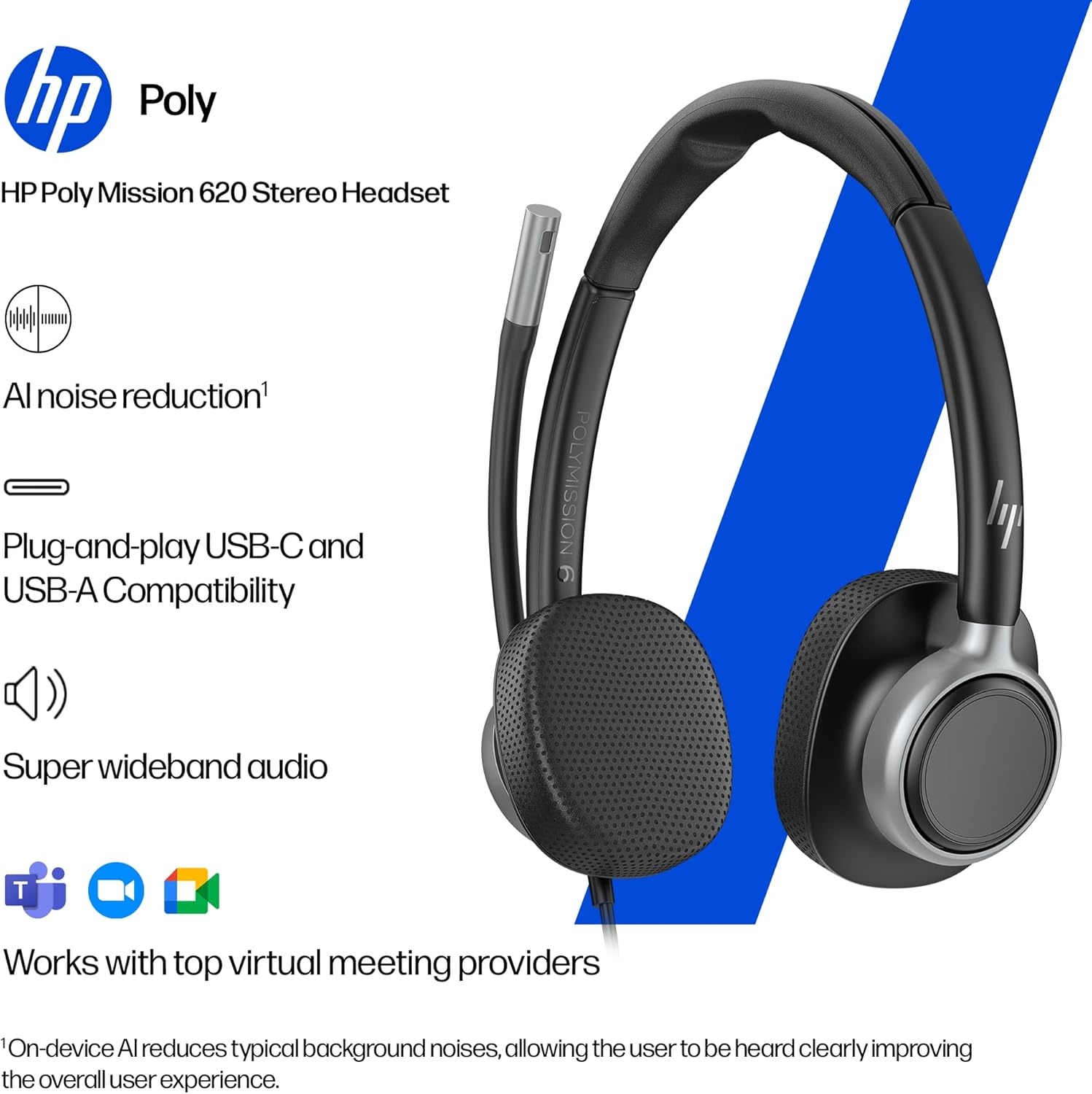 image:imageHP Poly Mission 420 USB Stereo Headset USBC amp USBA PlugandPlay AI NoiseReducing amp Adjustable Boom Mic Inline Controller OverEar Design TCO Certified C01B8AA