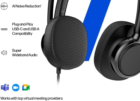 image:imageHP Poly Mission 420 USB Stereo Headset USBC amp USBA PlugandPlay AI NoiseReducing amp Adjustable Boom Mic Inline Controller OverEar Design TCO Certified C01B8AA