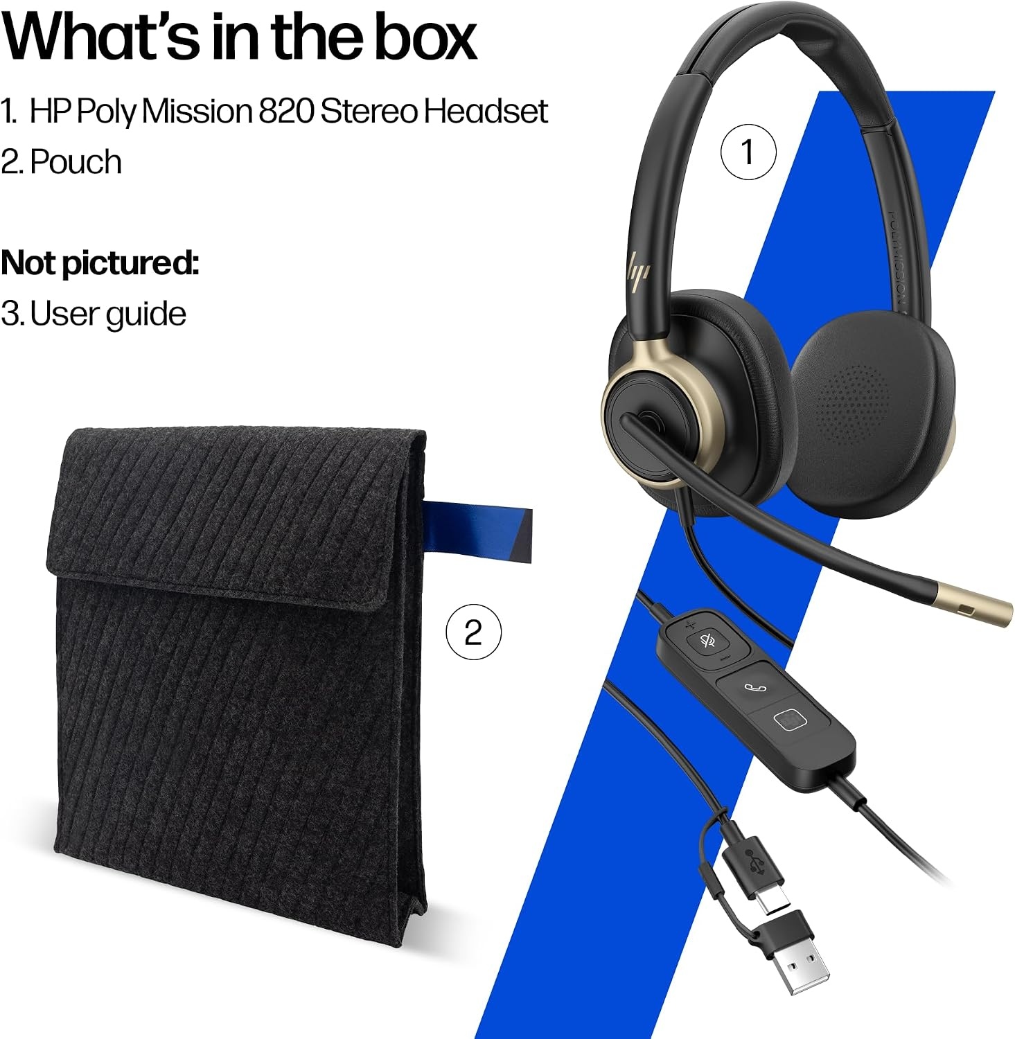 image:imageHP Poly Mission 820 Stereo Headset USBC amp USBA Advanced ANC amp 4Mic AI Noise Reduction Adjustable Boom Mic Inline Controller OverEar Comfort TCOCertified PC Headset
