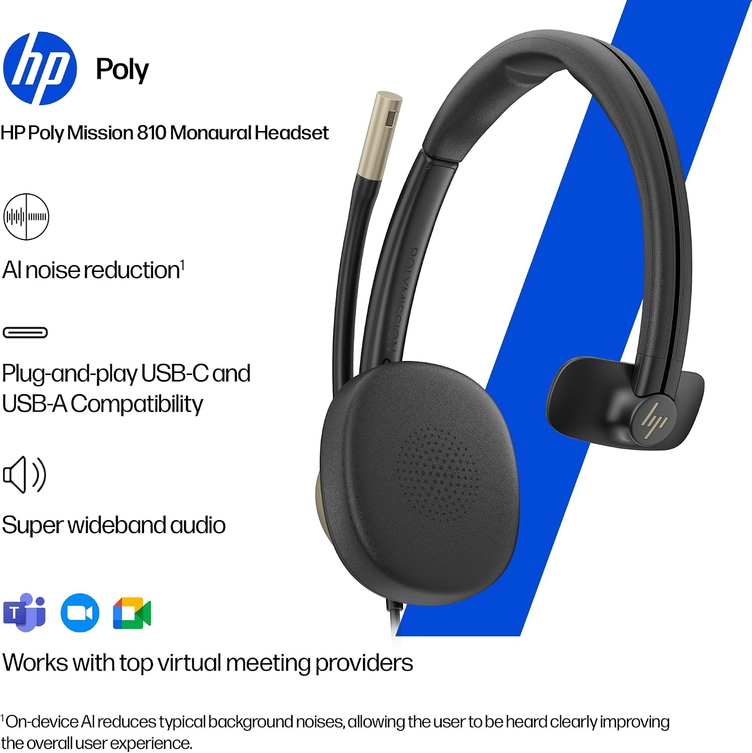 image:imageHP Poly Mission 820 Stereo Headset USBC amp USBA Advanced ANC amp 4Mic AI Noise Reduction Adjustable Boom Mic Inline Controller OverEar Comfort TCOCertified PC Headset
