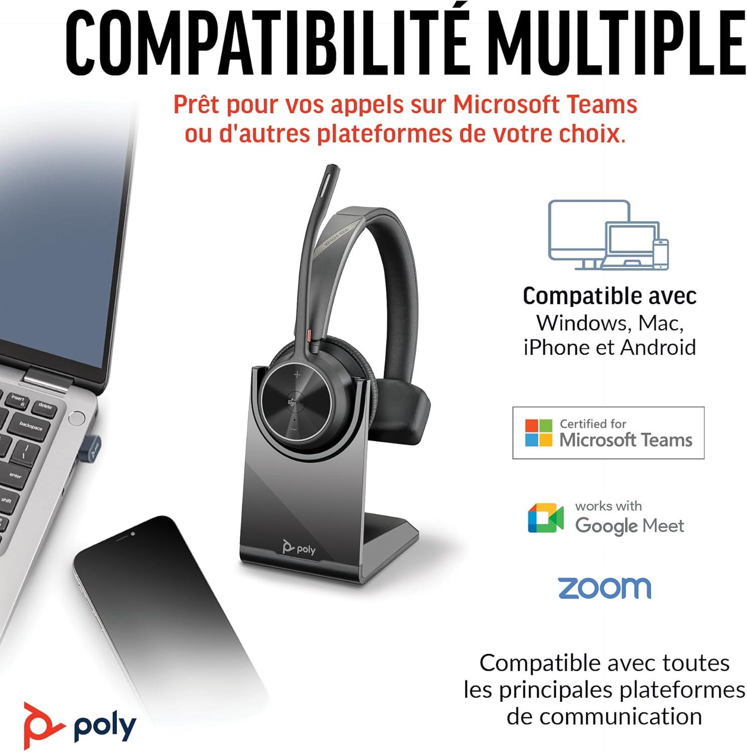 imageMicrocasque sans fil Poly Voyager 4310 UC et socle de chargement Microcasque Bluetooth monaural avec perche de microphone antibruit Connexion un PCMacTlphone portable Teams certifiUSBC USBCA