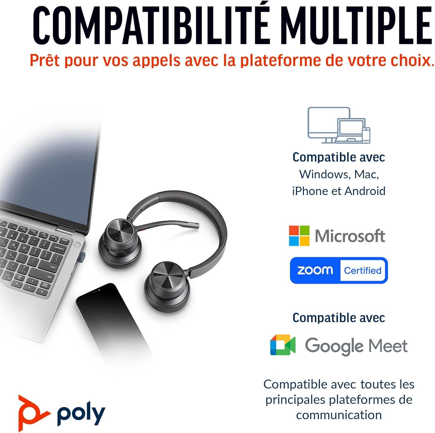 imageMicrocasque sans fil Poly Voyager 4320 UC Microcasques binauraux avec perche microphone antibruit Connexion un PCMacTlphone portable via Bluetooth Fonctionne avec Teams ZoomUSBC USBCA