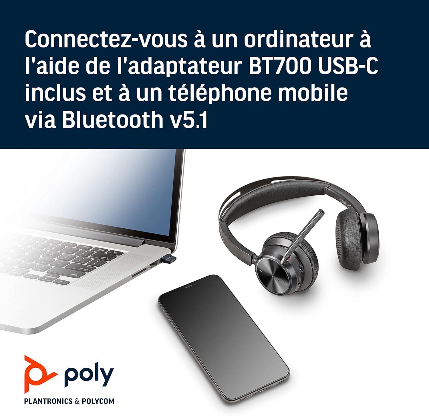 imageMicrocasque sans fil Poly Voyager Focus 2 UC avec microphone Plantronics Annulation active du bruit ANC Connexion un PCMacTlphone portable via Bluetooth Fonctionne avec Teams ZoomUSBC