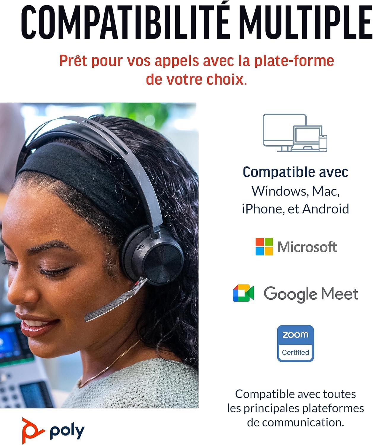 imageMicrocasque sans fil Poly Voyager Focus 2 UC avec microphone Plantronics Annulation active du bruit ANC Connexion un PCMacTlphone portable via Bluetooth Fonctionne avec Teams ZoomUSBC USBCA
