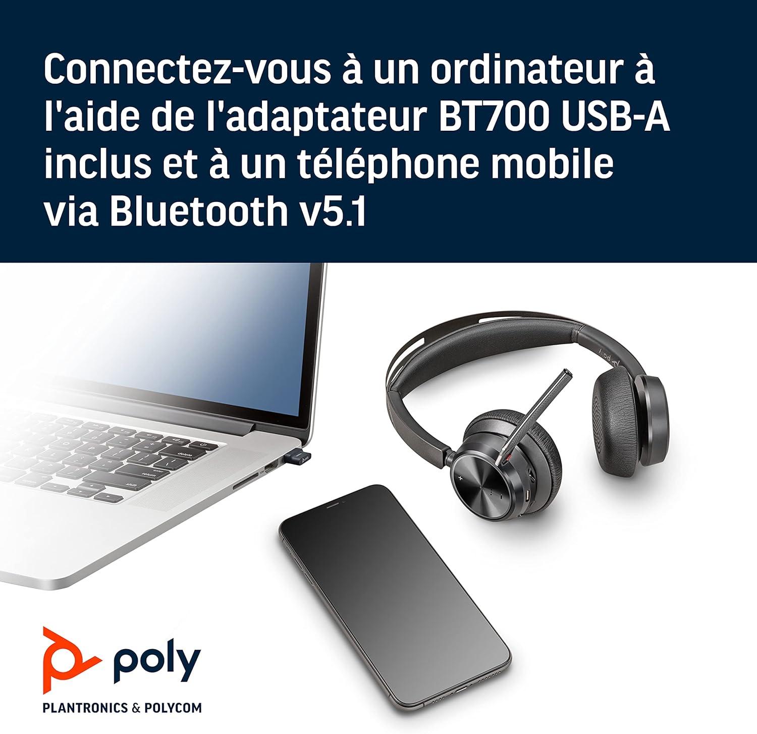 imageMicrocasque sans fil Poly Voyager Focus 2 UC avec microphone Plantronics Annulation active du bruit ANC Connexion un PCMacTlphone portable via Bluetooth Fonctionne avec Teams ZoomUSBA