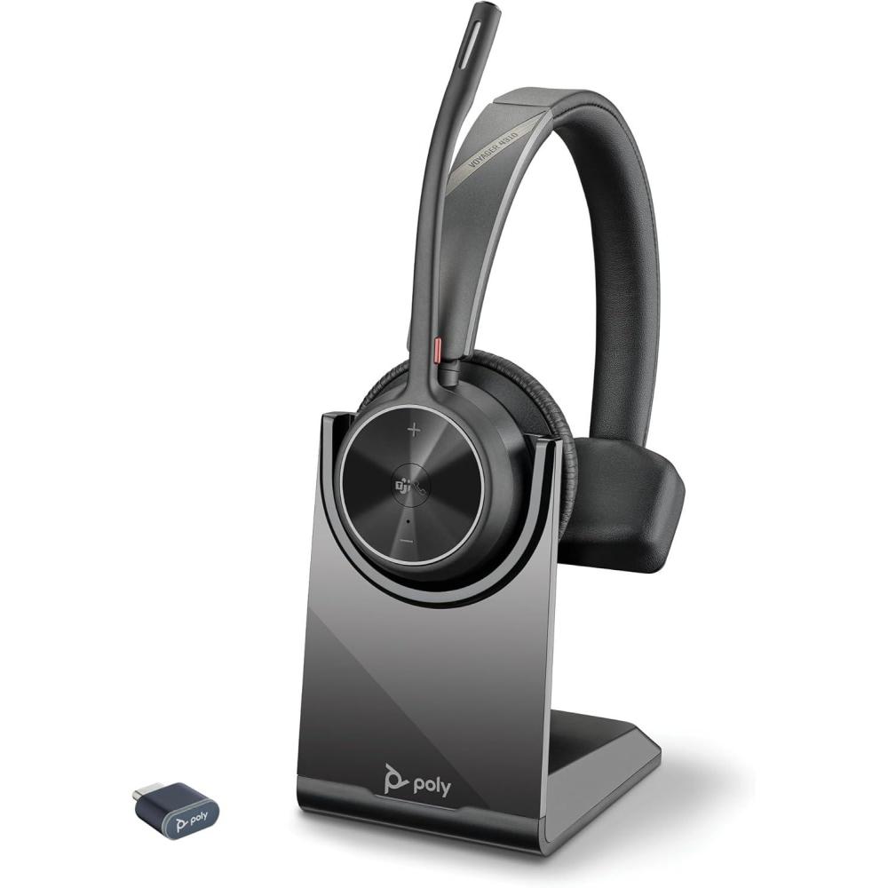 imageMicrocasque sans fil Poly Voyager 4310 UC et socle de chargement Microcasque Bluetooth monaural avec perche de microphone antibruit Connexion un PCMacTlphone portable Teams certifiUSBC USBCA