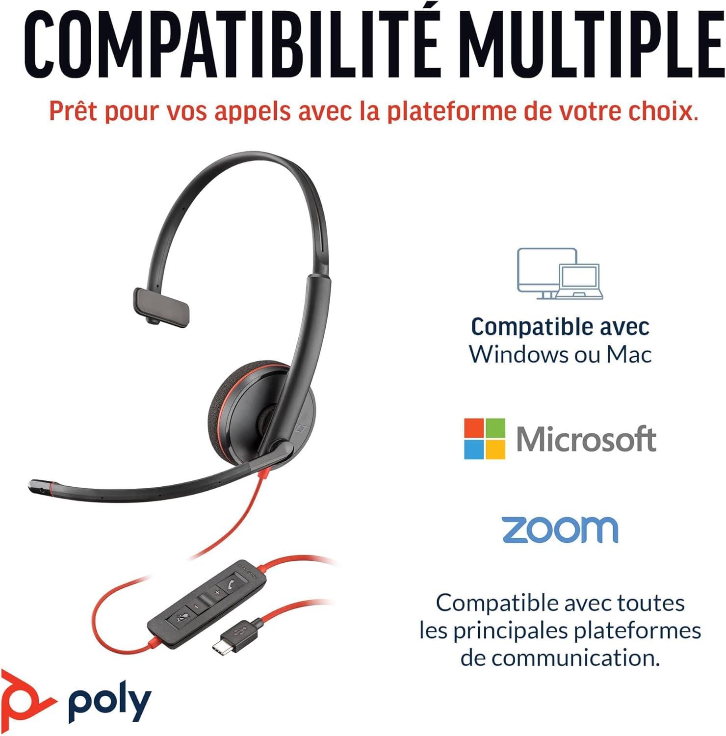 imageMicrocasque filaire Poly Blackwire 3210 Microphone antibruit Conception monaurale Connexion un PCMac via USBC ou USBA Fonctionne avec Teams ZoomUSBC USBCA