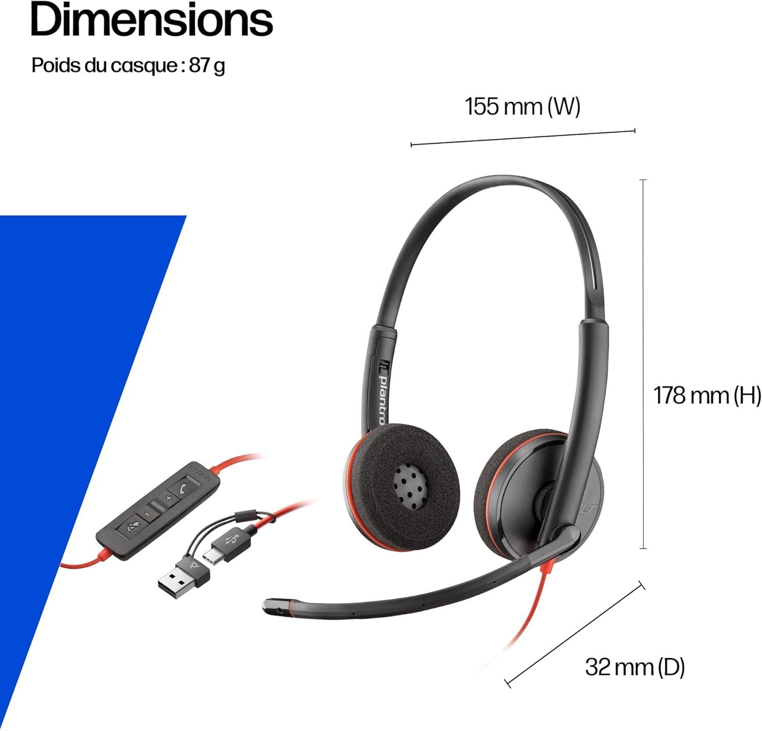 imageMicrocasque filaire Poly Blackwire 3220 Microphone antibruit Conception binaurale Connexion un PCMac via USBC ou USBA Fonctionne avec Teams Zoom