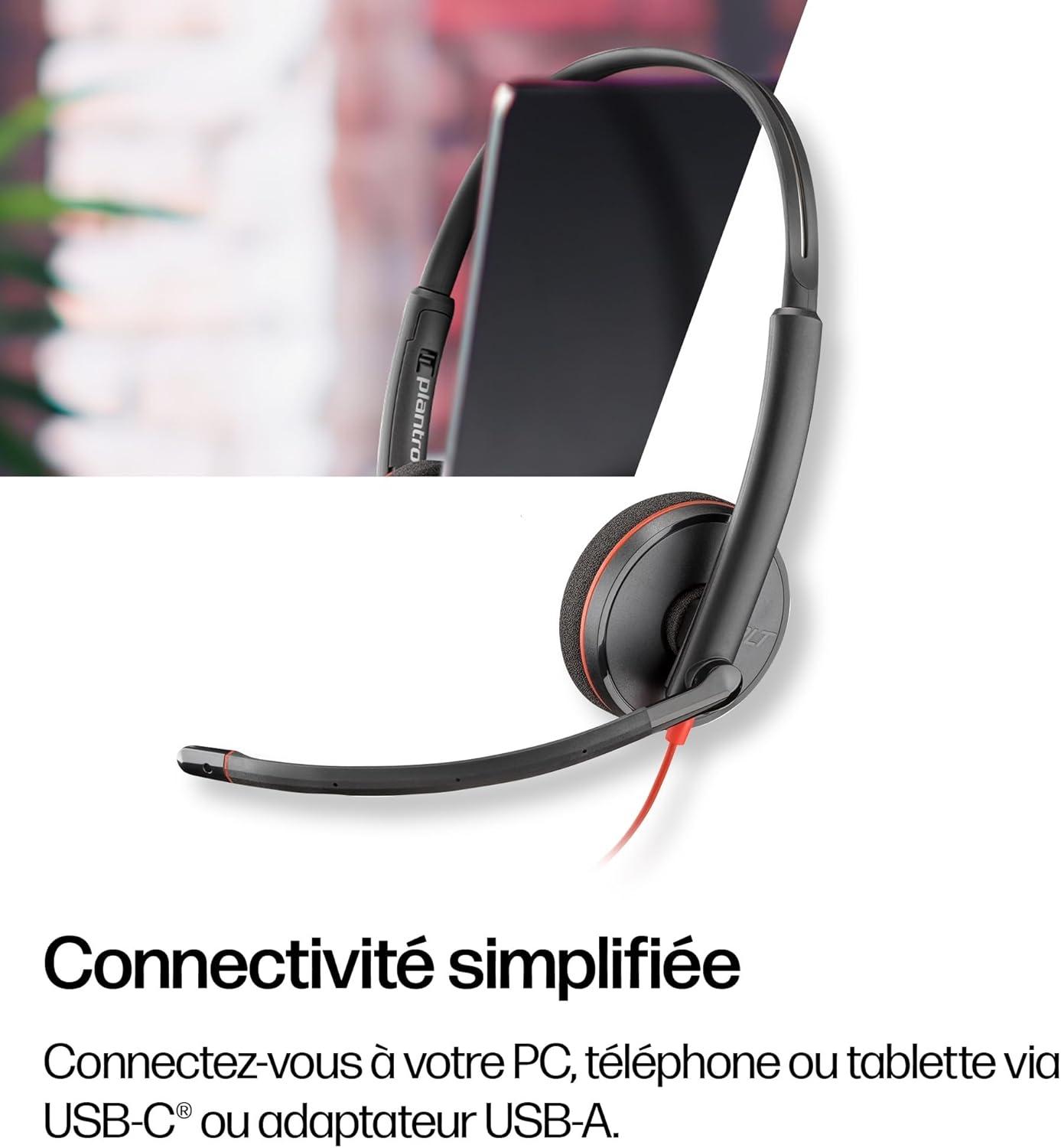 imageMicrocasque filaire Poly Blackwire 3220 Microphone antibruit Conception binaurale Connexion un PCMac via USBC ou USBA Fonctionne avec Teams Zoom