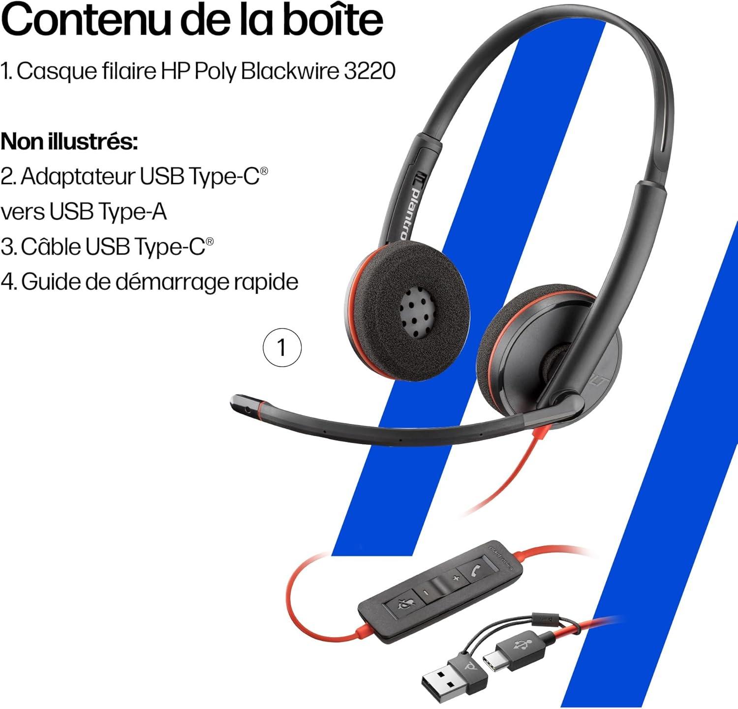 imageMicrocasque filaire Poly Blackwire 3220 Microphone antibruit Conception binaurale Connexion un PCMac via USBC ou USBA Fonctionne avec Teams Zoom