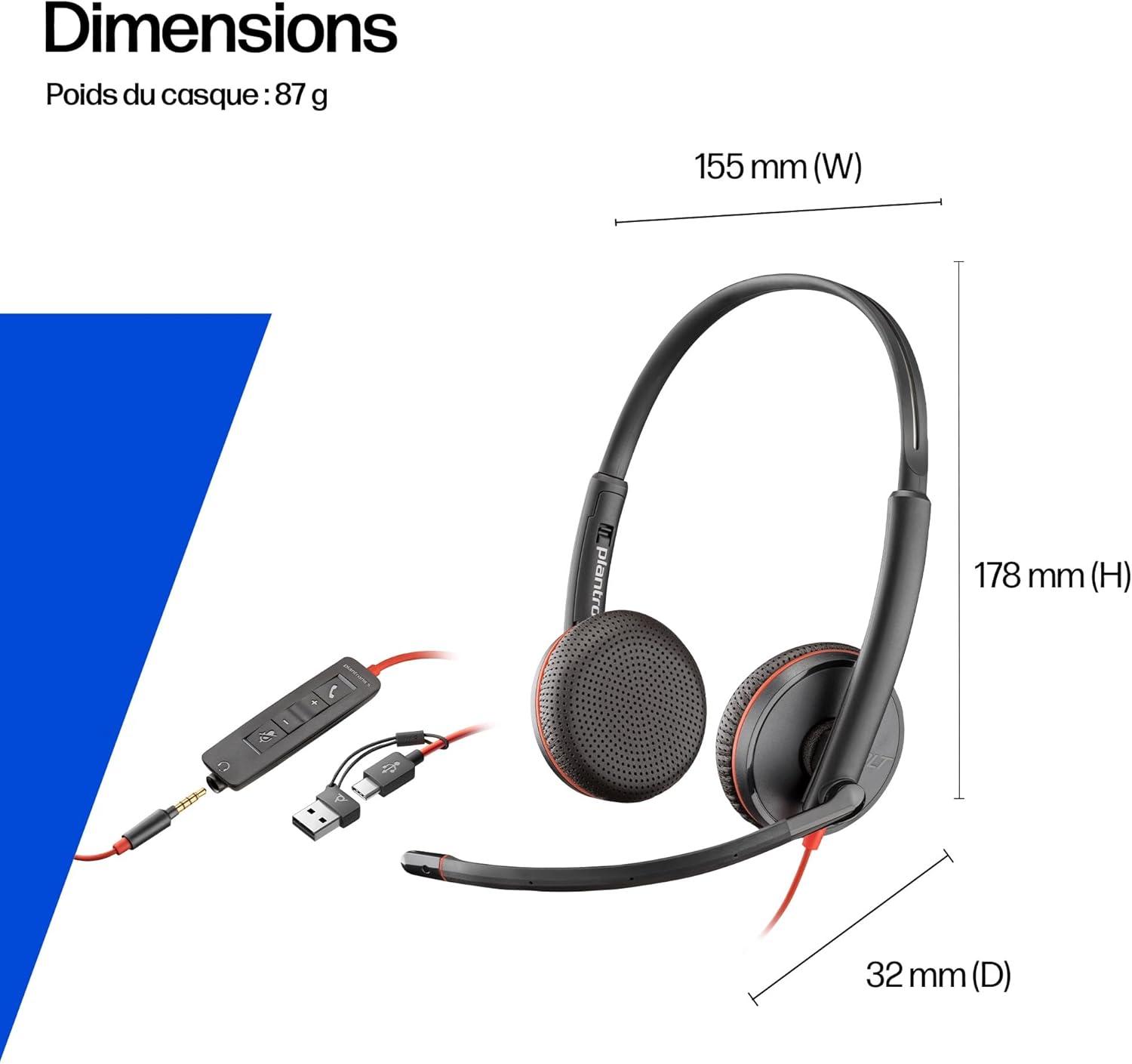 imageMicrocasque filaire Poly Blackwire 3225 Microphone antibruit Conception binaurale Connexion un PCMactlphone portable via USBC USBA ou prise Jack 35 mm Fonctionne avec Teams et Zoom
