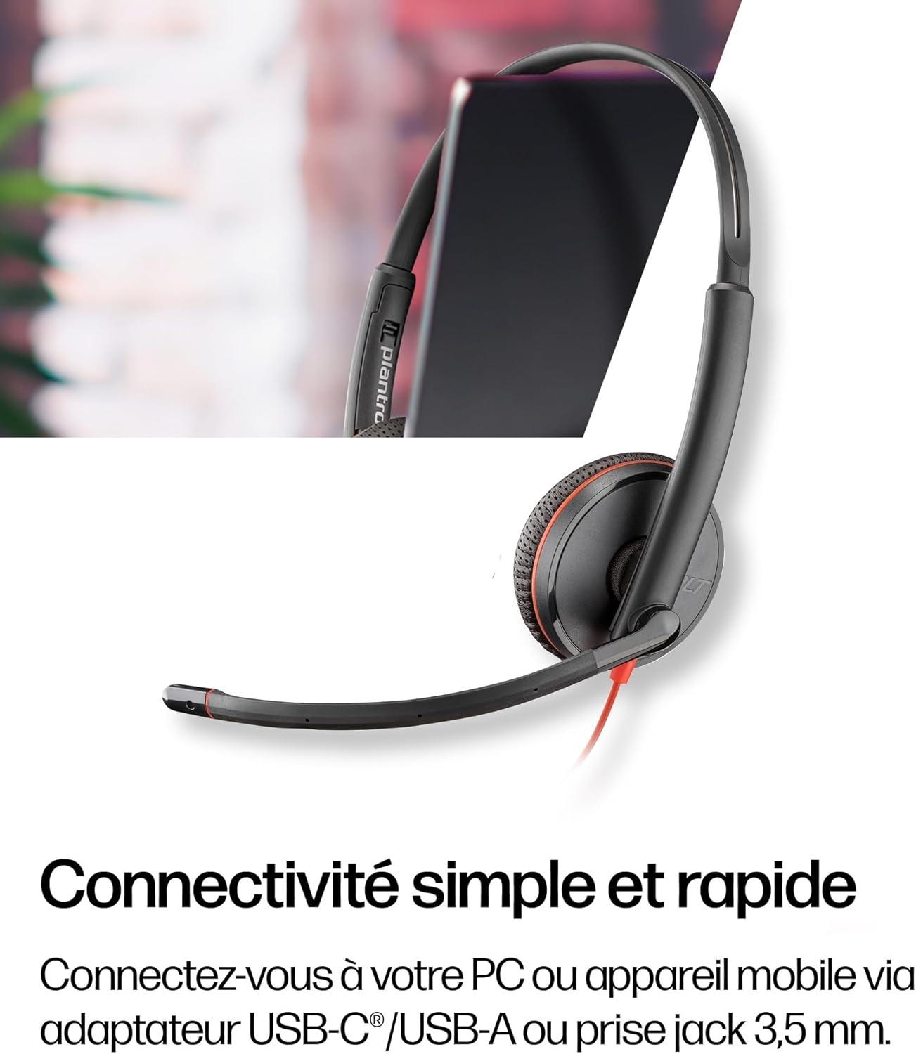 imageMicrocasque filaire Poly Blackwire 3225 Microphone antibruit Conception binaurale Connexion un PCMactlphone portable via USBC USBA ou prise Jack 35 mm Fonctionne avec Teams et Zoom