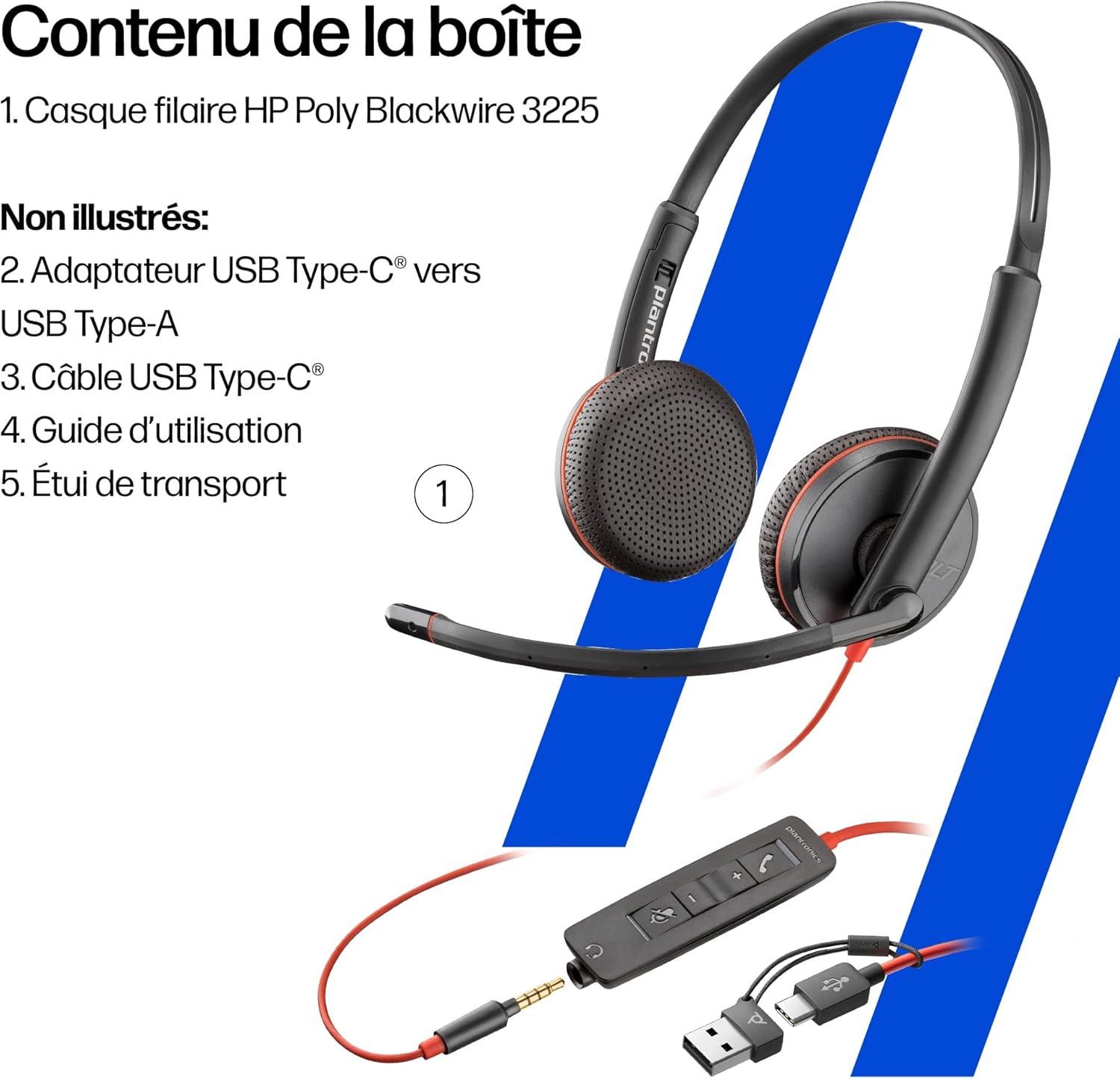 imageMicrocasque filaire Poly Blackwire 3225 Microphone antibruit Conception binaurale Connexion un PCMactlphone portable via USBC USBA ou prise Jack 35 mm Fonctionne avec Teams et Zoom