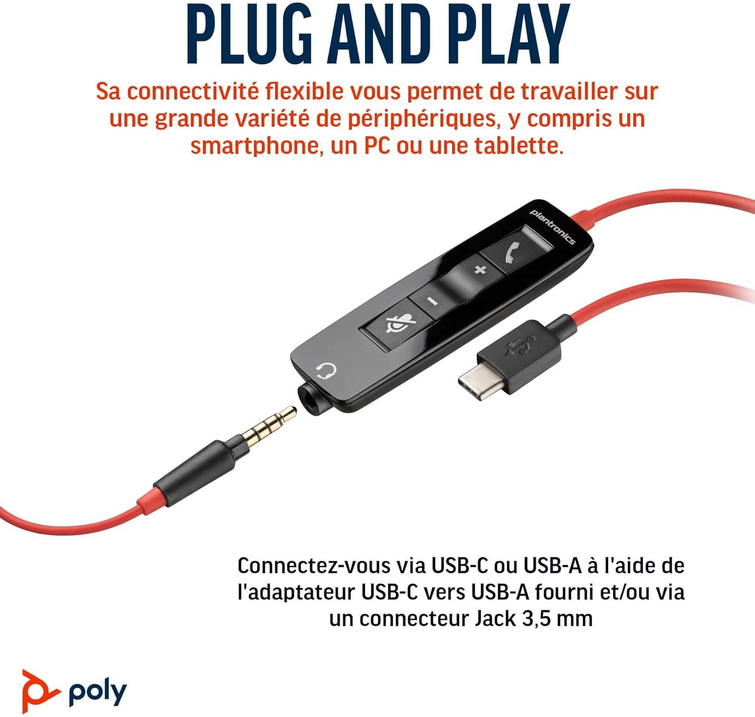 imageMicrocasque filaire Poly Blackwire 5210 Plantronics Perche microphone antibruit flexible Design monaural Connexion un PCMac tlphone portable via USBC USBA ou prise Jack 35 mmUSBC USBCA