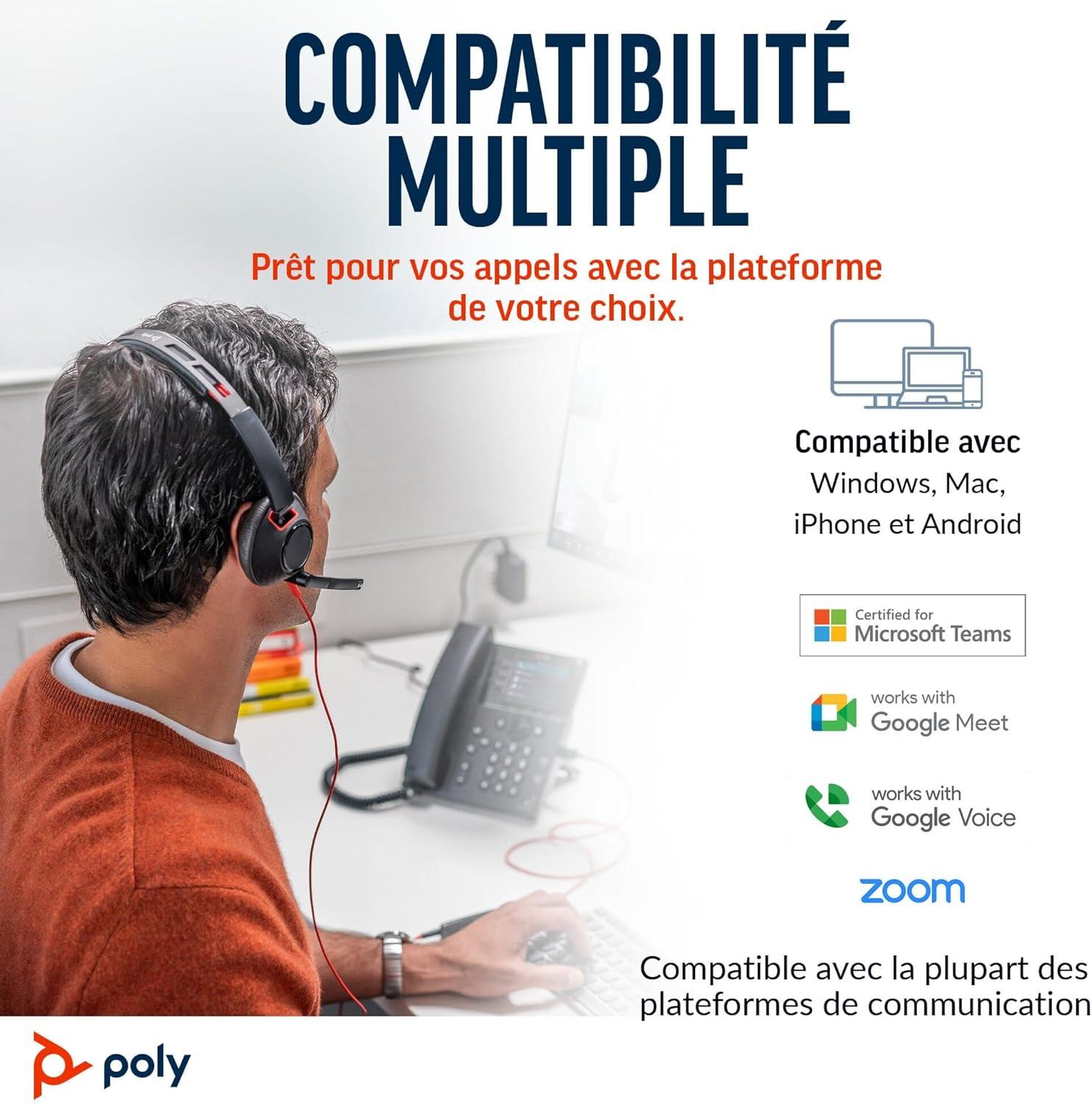 imageMicrocasque filaire Poly Blackwire 5210 Plantronics Perche microphone antibruit flexible Design monaural Connexion un PCMac tlphone portable via USBC USBA ou prise Jack 35 mmUSBC USBCA