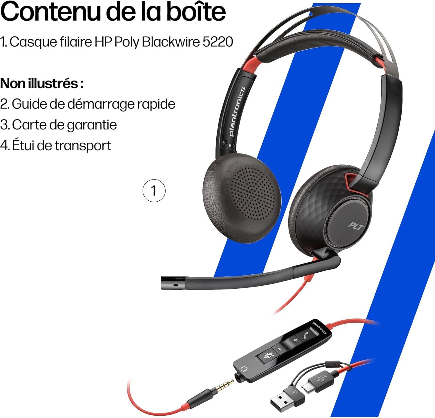 imageMicrocasque filaire Poly Blackwire 5220 Perche microphone antibruit flexible Conception ergonomique Connexion un PCMac tlphone portable via USBC USBA ou prise Jack 35 mmUSBC USBCA