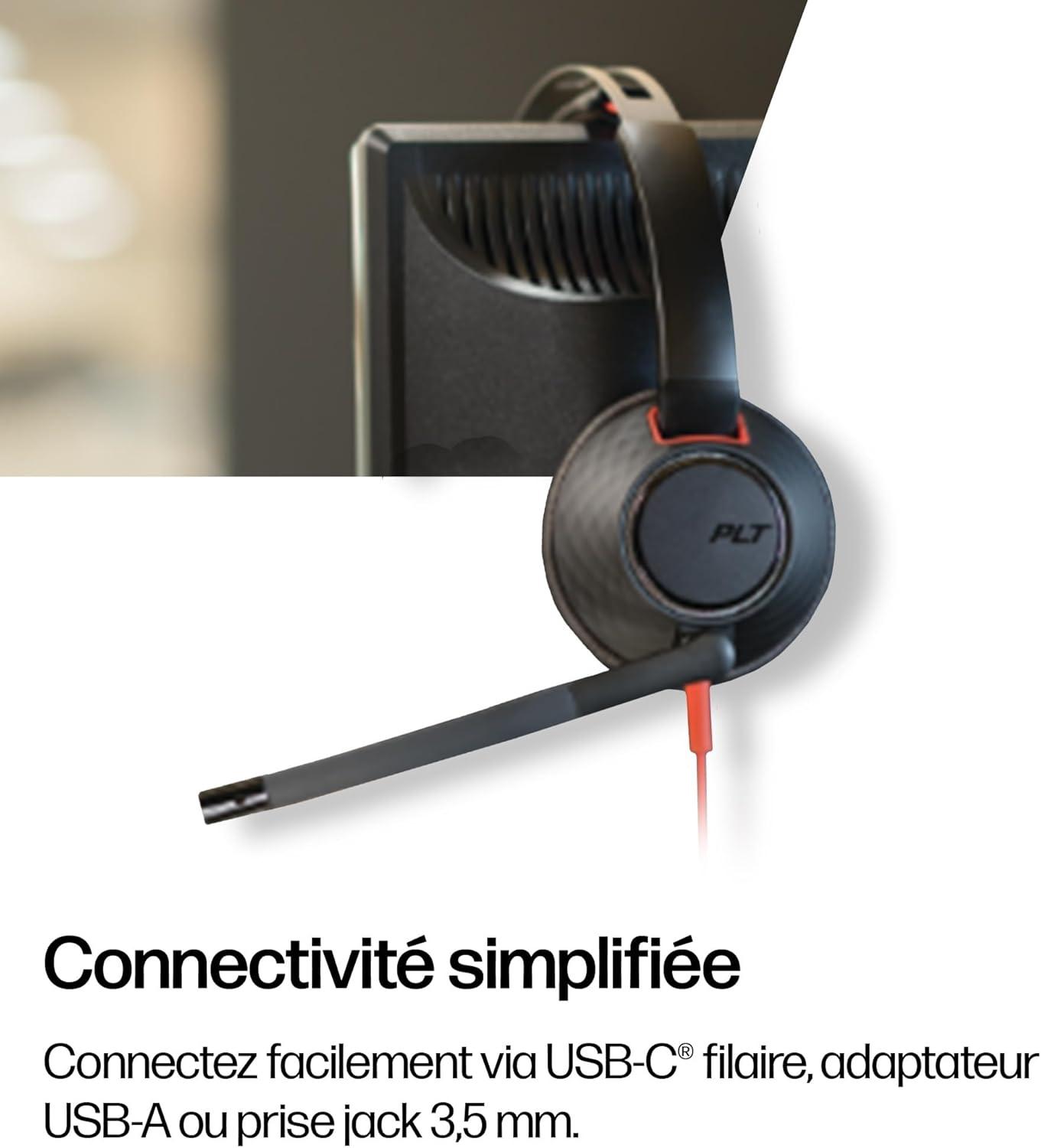 imageMicrocasque filaire Poly Blackwire 5220 Perche microphone antibruit flexible Conception ergonomique Connexion un PCMac tlphone portable via USBC USBA ou prise Jack 35 mmUSBC USBCA