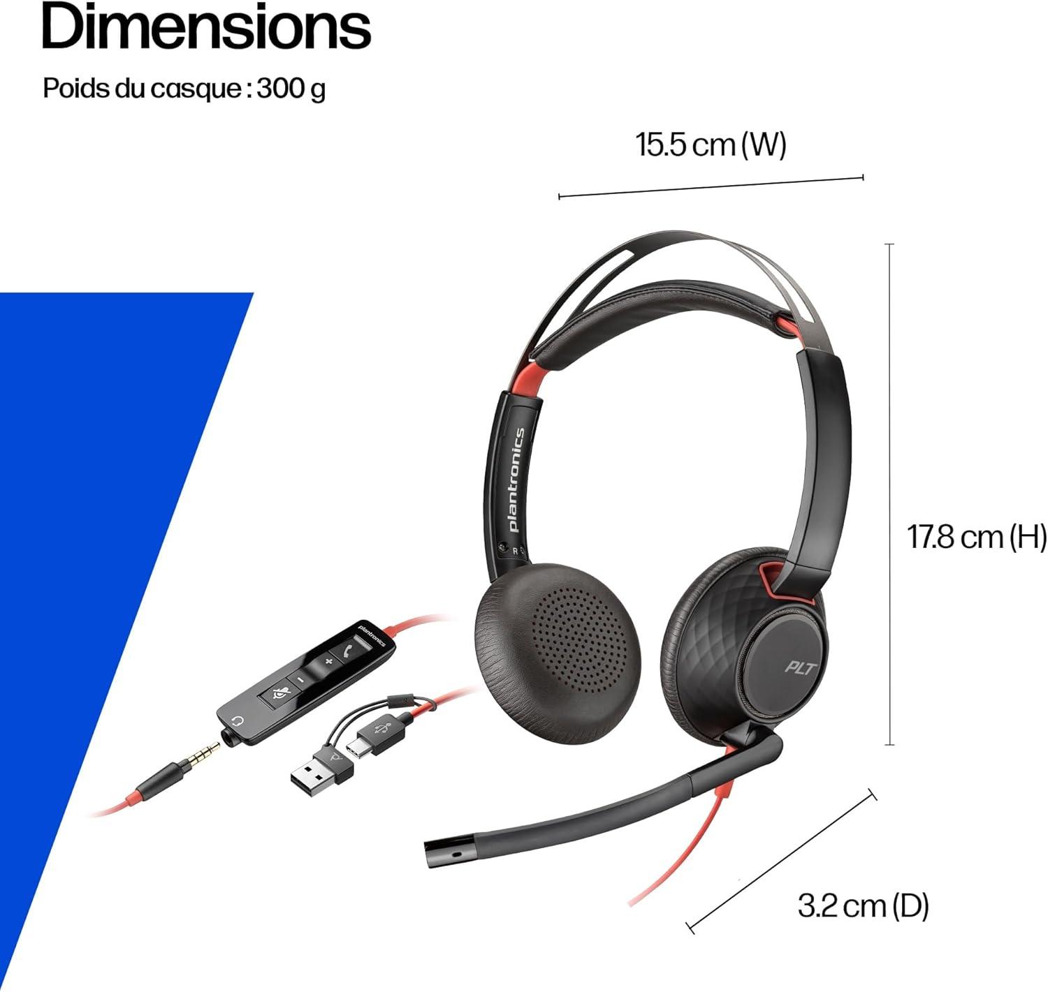 imageMicrocasque filaire Poly Blackwire 5220 Perche microphone antibruit flexible Conception ergonomique Connexion un PCMac tlphone portable via USBC USBA ou prise Jack 35 mmUSBC USBCA