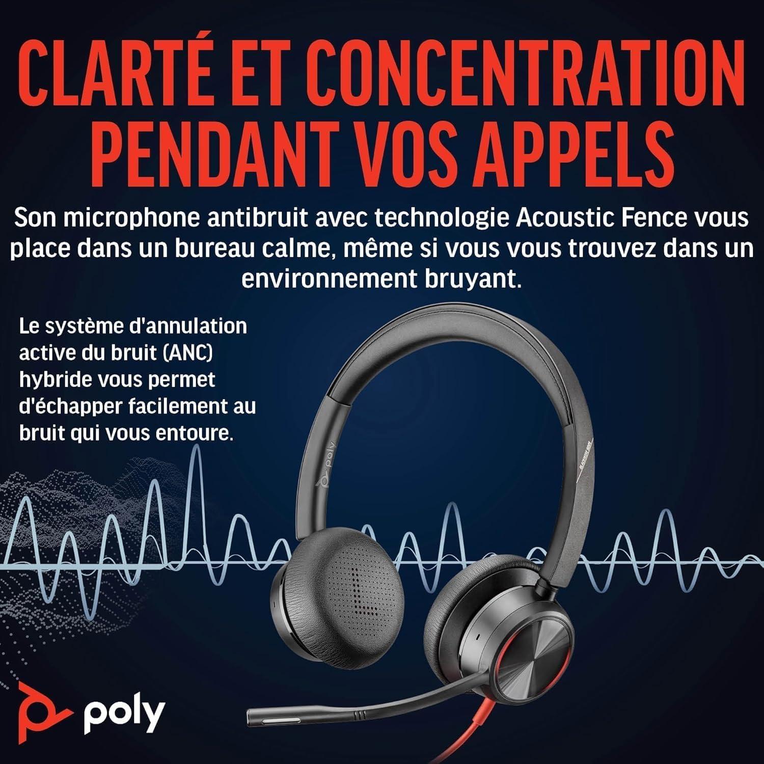 imageMicrocasque filaire haut de gamme Poly Blackwire 8225 Annulation active du bruit Son binaural hifi Connexion un PCMac Certifi Microsoft TeamsUSBC USBCA