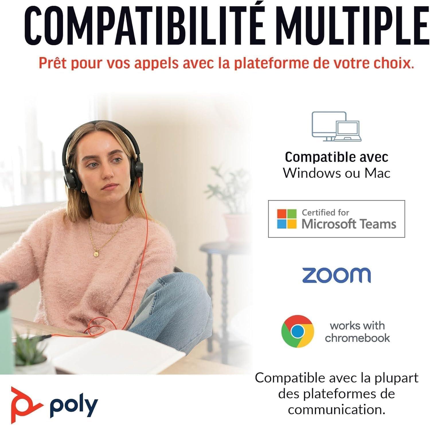 imageMicrocasque filaire haut de gamme Poly Blackwire 8225 Annulation active du bruit Son binaural hifi Connexion un PCMac Certifi Microsoft TeamsUSBC USBCA