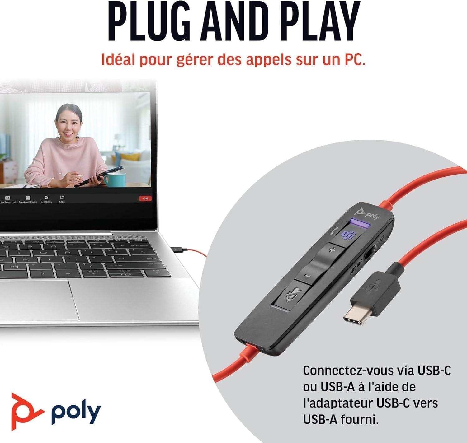 imageMicrocasque filaire haut de gamme Poly Blackwire 8225 Annulation active du bruit Son binaural hifi Connexion un PCMac Certifi Microsoft TeamsUSBC USBCA