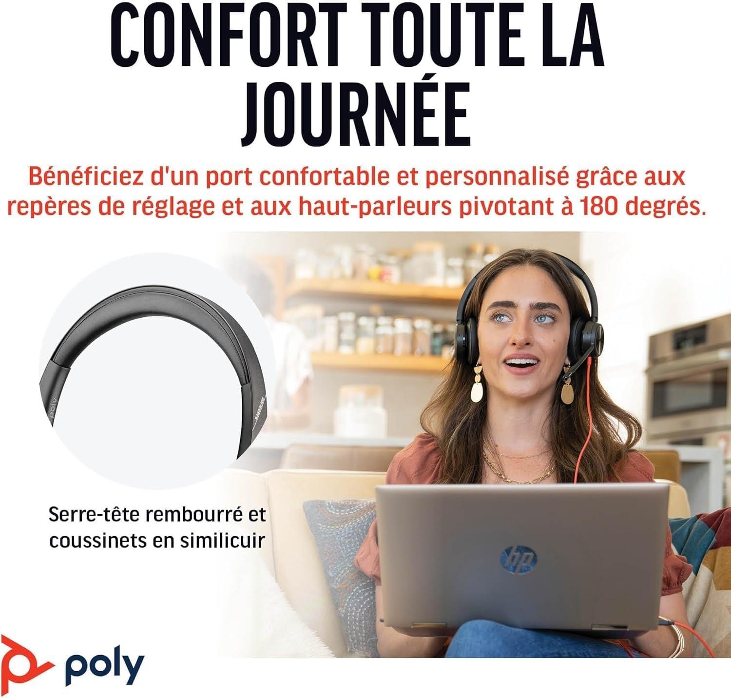 imageMicrocasque filaire haut de gamme Poly Blackwire 8225 Annulation active du bruit Son binaural hifi Connexion un PCMac Certifi Microsoft TeamsUSBC USBCA