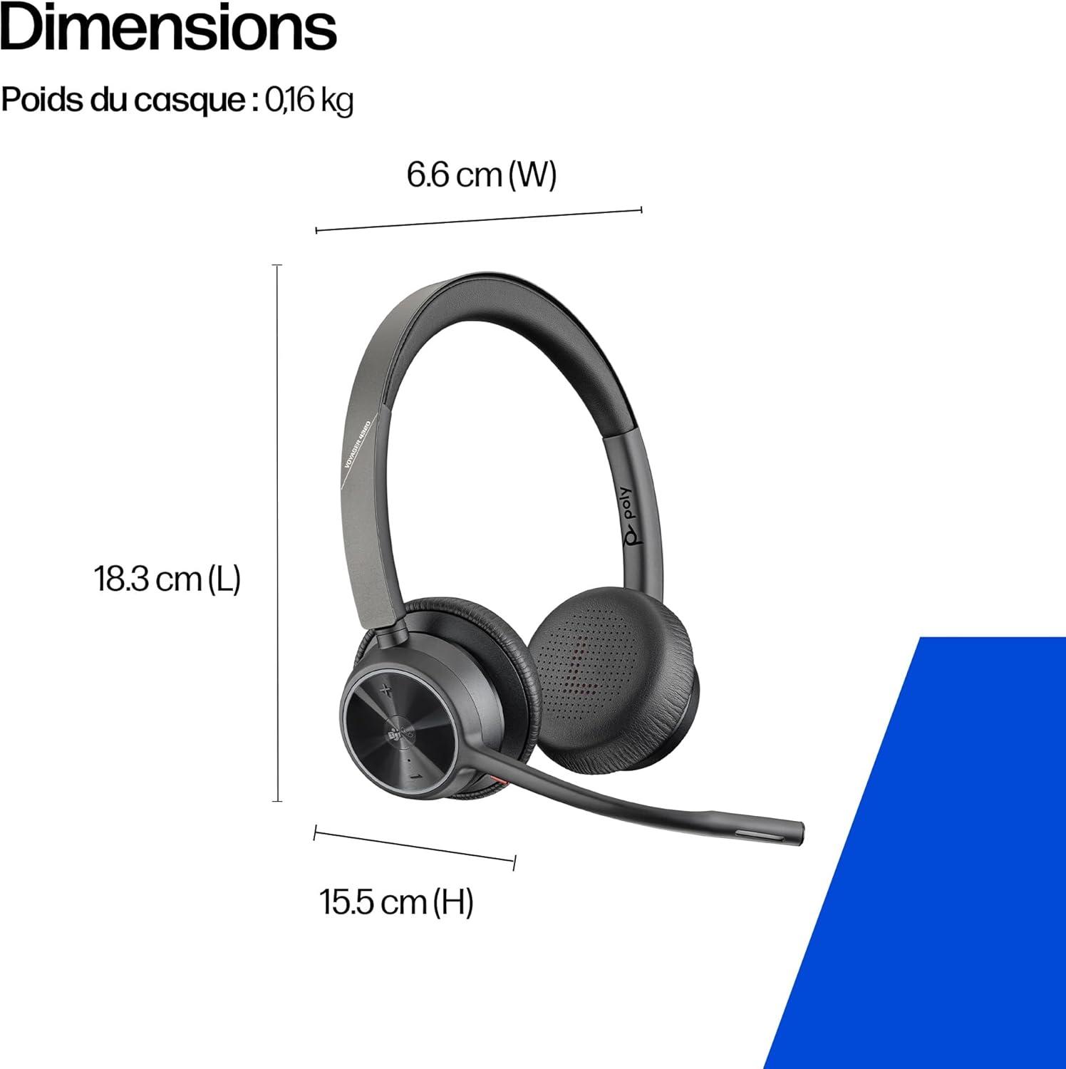imageMicrocasque sans fil Poly Voyager 4320 UC Microcasques binauraux avec perche microphone antibruit Connexion un PCMacTlphone portable via Bluetooth Fonctionne avec Teams certifi ZoomUSBC USBCA