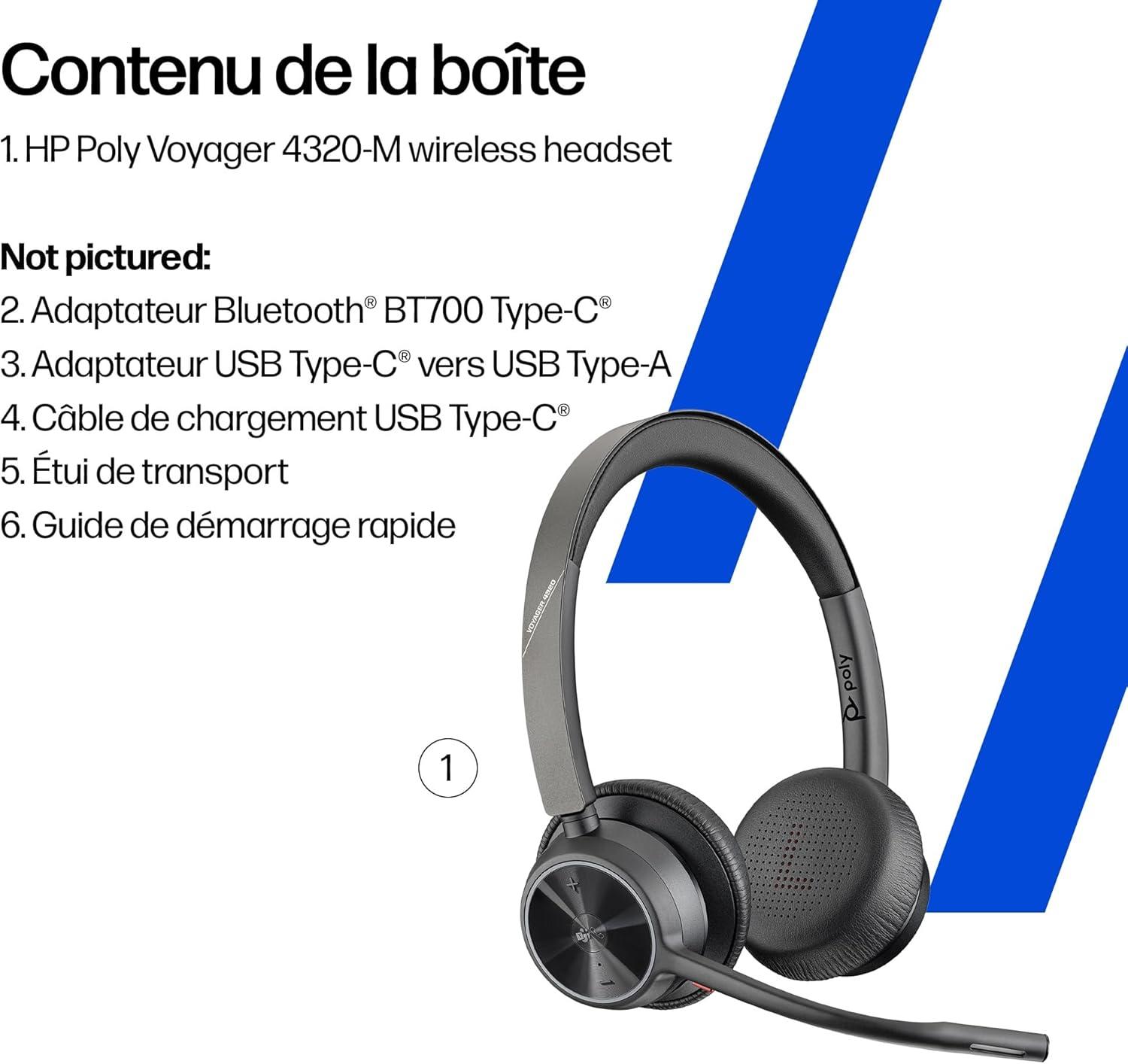 imageMicrocasque sans fil Poly Voyager 4320 UC Microcasques binauraux avec perche microphone antibruit Connexion un PCMacTlphone portable via Bluetooth Fonctionne avec Teams certifi ZoomUSBC USBCA