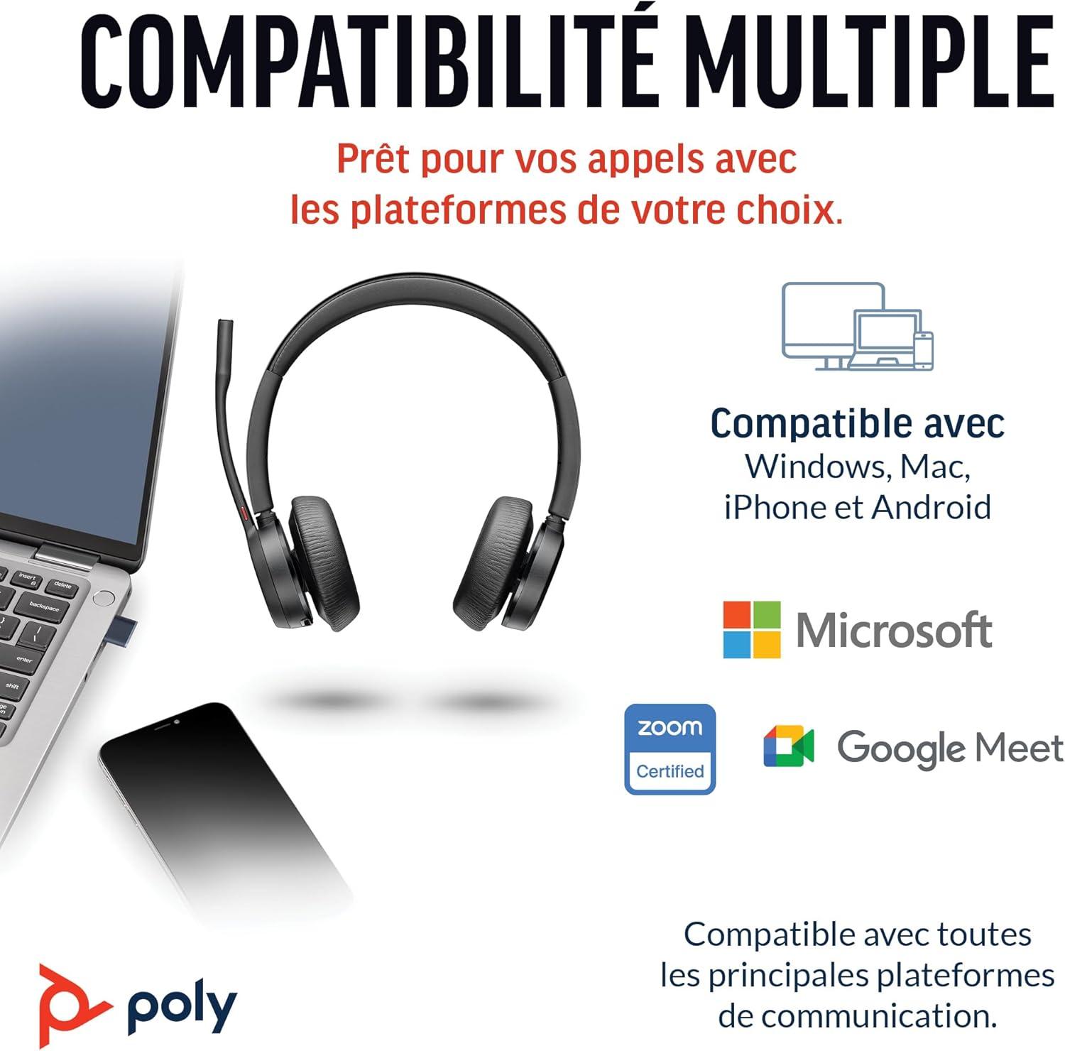 imageMicrocasque sans fil Poly Voyager 4320 UC et socle de chargement Microcasques binauraux avec perche microphone antibruit Connexion un PCTlphone portable via Bluetooth Fonctionne Teams ZoomUSBC USBCA