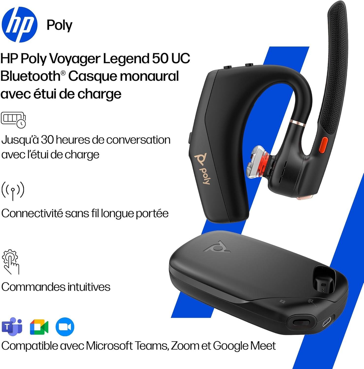 imagePOLY Voyager Legend 50M Casque UC avec Quatre Microphones Annulation du Bruit Technologie Noise Block tui de Charge Portable capteurs intelligents Commandes Rapides