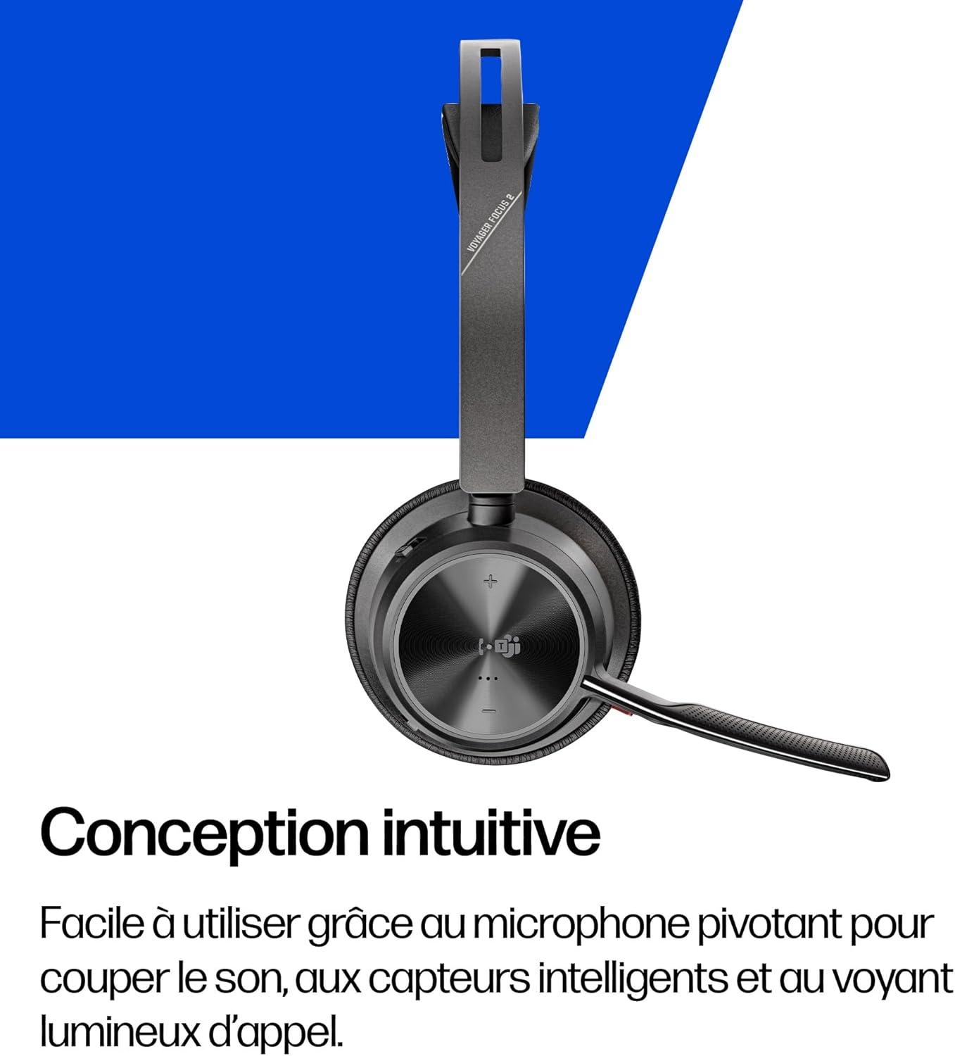 imagePOLY couteur sans Fil Voyager Focus 2 UC avec Support de Microphone et de Charge PC Compatible Via ladaptateur Bluetooth BT700 Inclus ou par cble USB