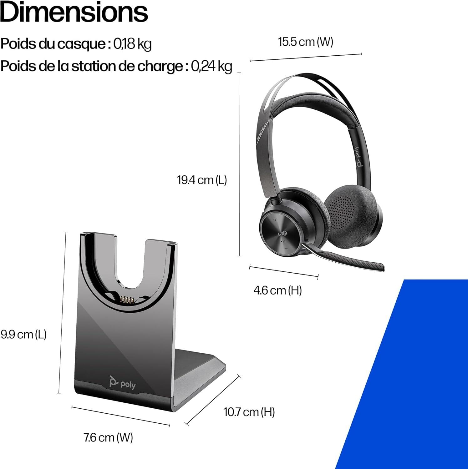 imagePOLY couteur sans Fil Voyager Focus 2 UC avec Support de Microphone et de Charge PC Compatible Via ladaptateur Bluetooth BT700 Inclus ou par cble USB
