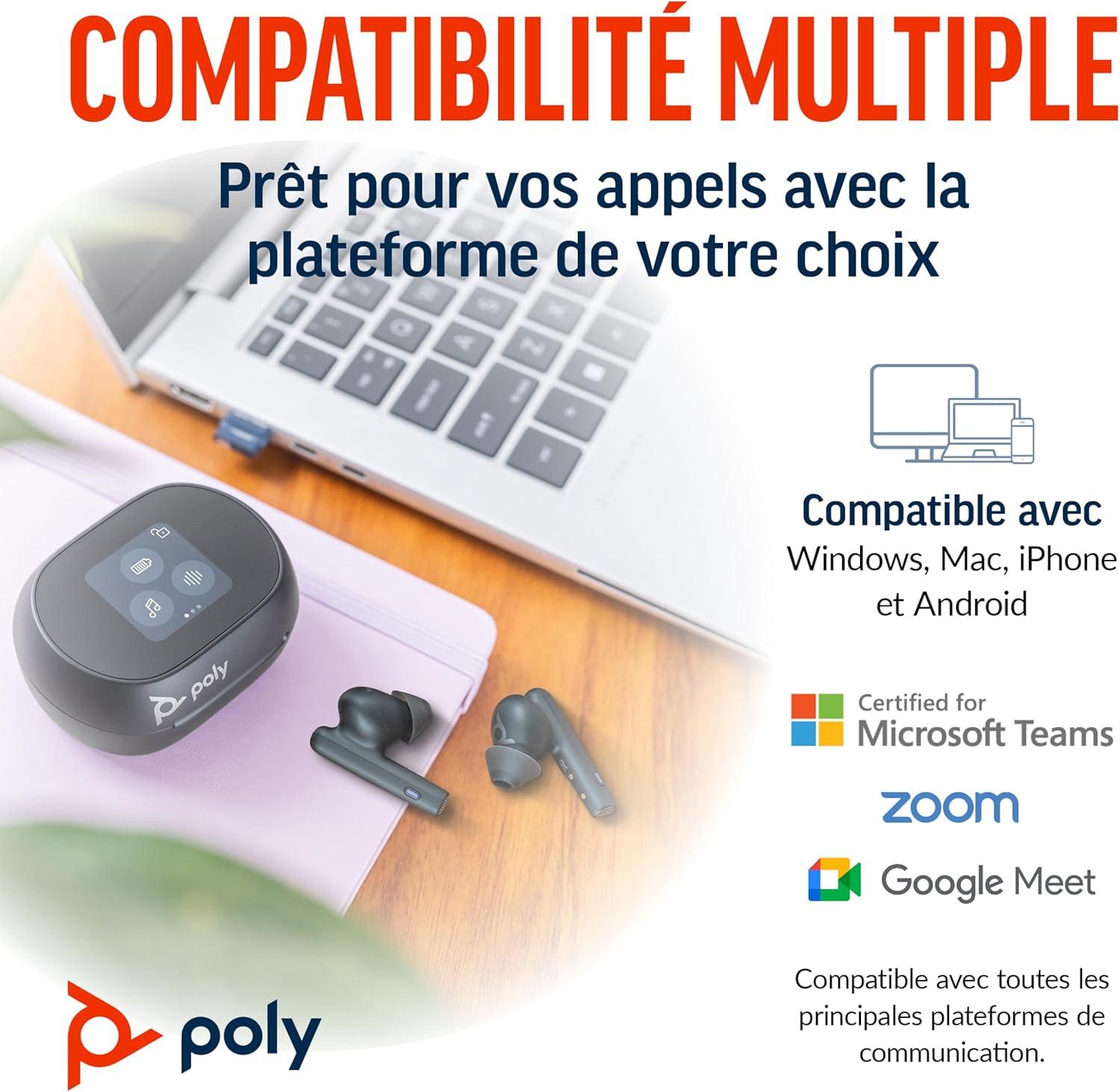 imagecouteurs sans fil True Wireless Poly Voyager Free 60 UC Micros antibruit pour des appels clairs ANC tui de chargement tactile Fonctionne avec iPhone Android PCMac Certifi Teams NoirUSBC USBCA
