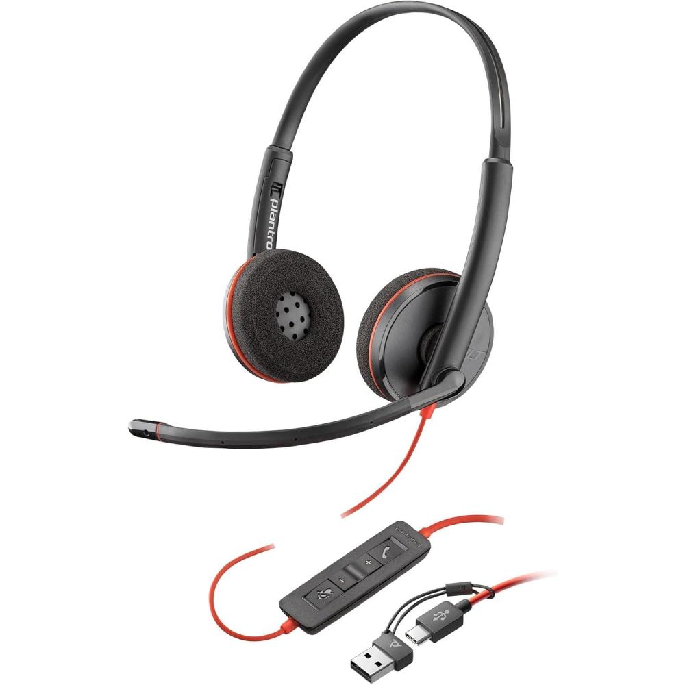 imageMicrocasque filaire Poly Blackwire 3220 Microphone antibruit Conception binaurale Connexion un PCMac via USBC ou USBA Fonctionne avec Teams Zoom