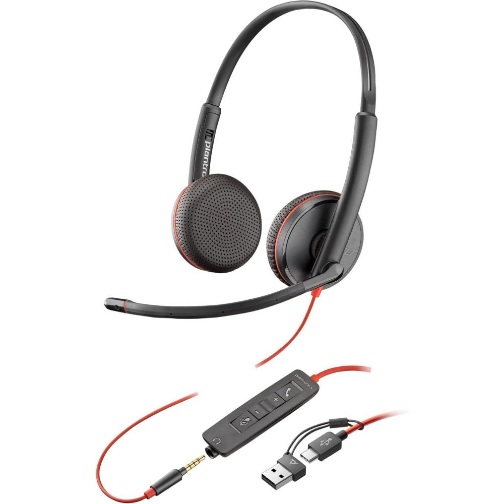 imageMicrocasque filaire Poly Blackwire 3225 Microphone antibruit Conception binaurale Connexion un PCMactlphone portable via USBC USBA ou prise Jack 35 mm Fonctionne avec Teams et Zoom