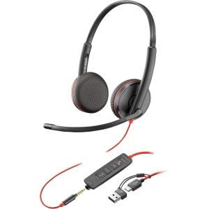 Micro-casque filaire Poly Blackwire 3225 – Microphone antibruit – Conception binaurale – Connexion à un PC/Mac/téléphone portable via USB-C, USB-A ou prise Jack 3,5 mm – Fonctionne avec Teams et Zoom