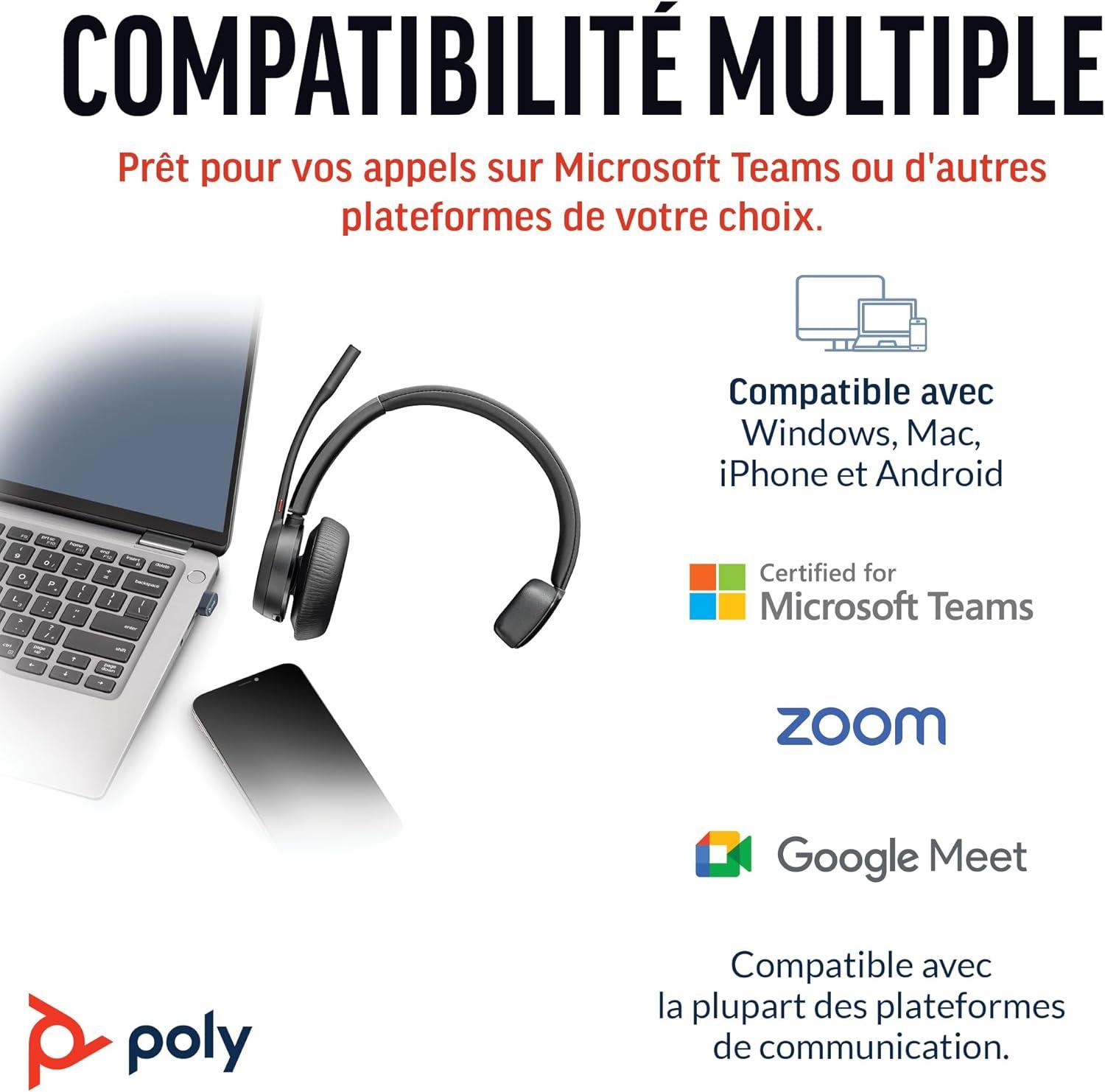 imageMicrocasque sans fil Poly Voyager 4310 UC Microcasque Bluetooth monaural avec perche de microphone antibruit Connexion un PCMacTlphone portable via Bluetooth Fonctionne avec Teams ZoomUSBC USBCA