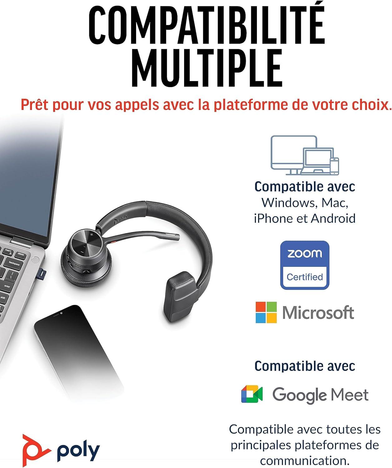 imageMicrocasque sans fil Poly Voyager 4310 UC Plantronics Microcasque Bluetooth monaural avec microphone antibruit Connexion un PCMacTlphone portable via Bluetooth Fonctionne avec Teams ZoomUSBC USBCA