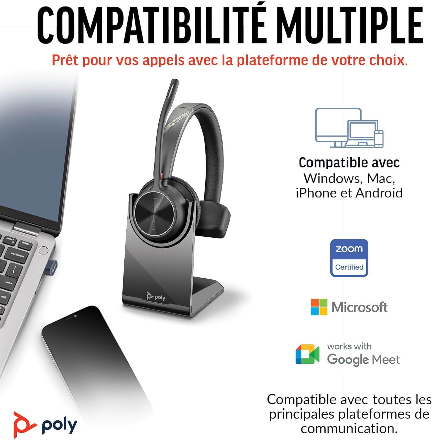 imageMicrocasque sans fil Poly Voyager 4310 UC et socle de chargement Microcasque Bluetooth monaural avec perche de microphone antibruit Connexion un PCTlphone portable Fonctionne Teams ZoomUSBC USBCA