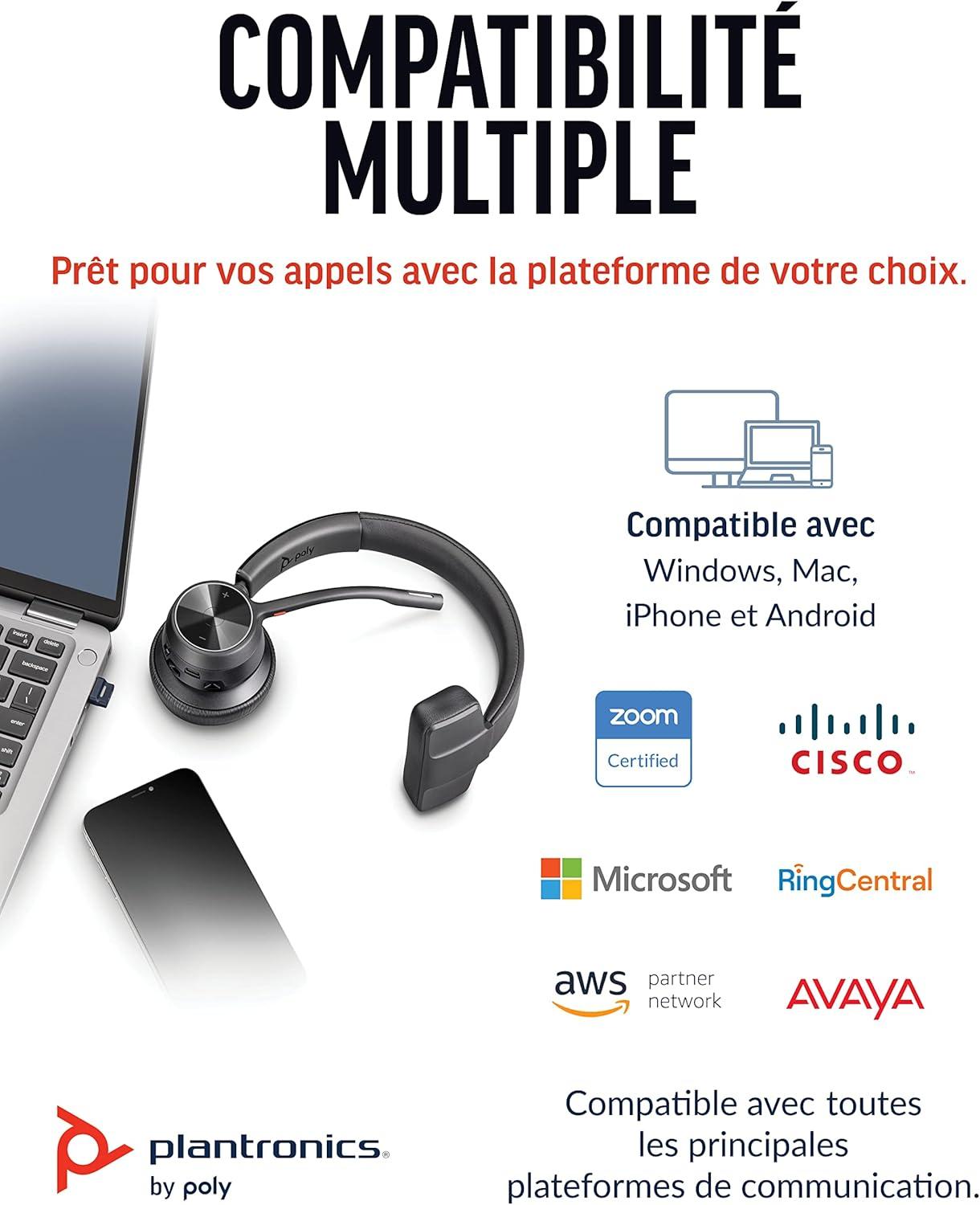 imagePoly Voyager 4310 UC Bluetooth Microcasque Mono sans fil Plantronics microphone antibruit connexion avec PCMactlphone portable par Bluetooth Teams Zoom et plus encore