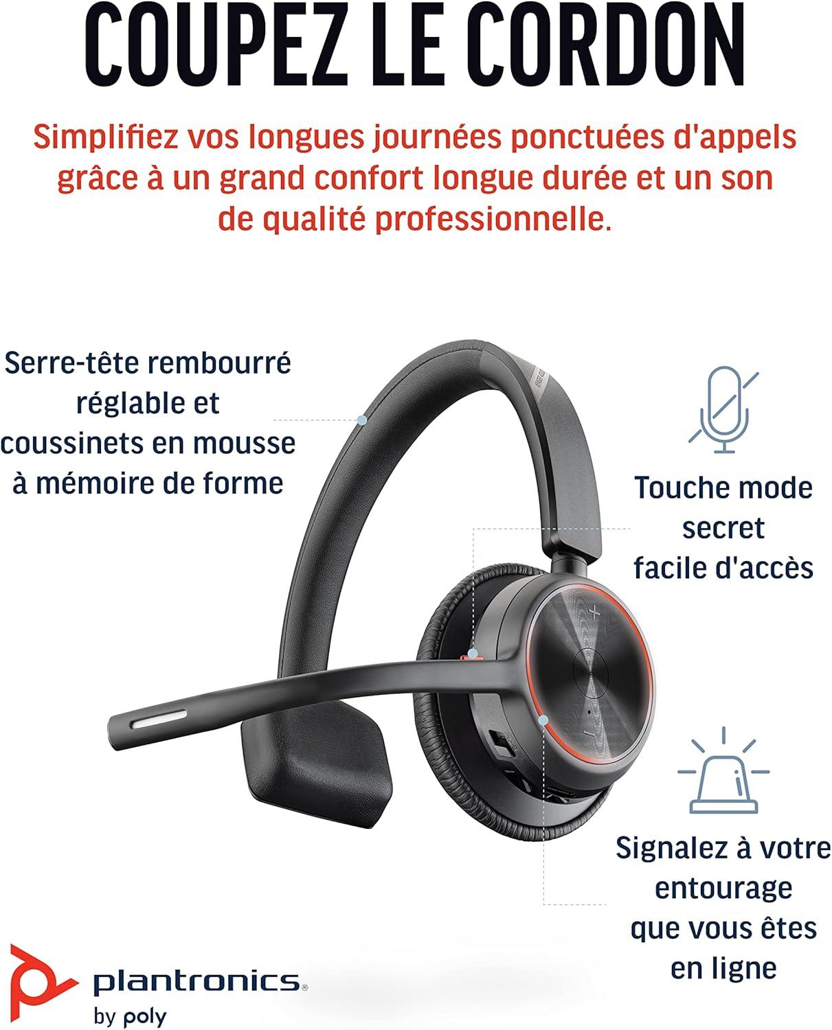 imagePoly Voyager 4310 UC Bluetooth Microcasque Mono sans fil Plantronics microphone antibruit connexion avec PCMactlphone portable par Bluetooth Teams Zoom et plus encore