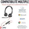 Micro-casque filaire Poly Blackwire 3325 – Perche de microphone flexible – Son stéréo hi-fi, Connexion à un PC/Mac/téléphone portable via USB-C, USB-A ou prise Jack 3,5 mm, Fonctionne avec Teams, Zoom(USB-C + USB-C/A)
