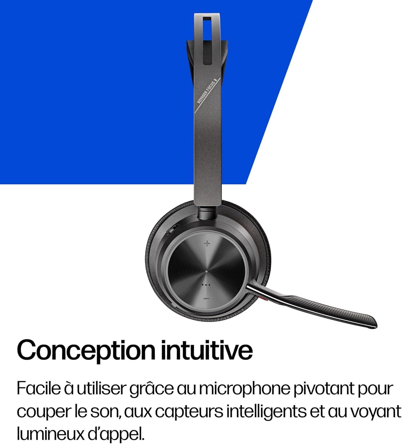 image:imageMicrocasque sans fil Poly Voyager Focus 2 UC avec microphone et socle de chargement Annulation active du bruit ANC Connexion un PCTlphone portable via Bluetooth avec Teams Zoom et plus