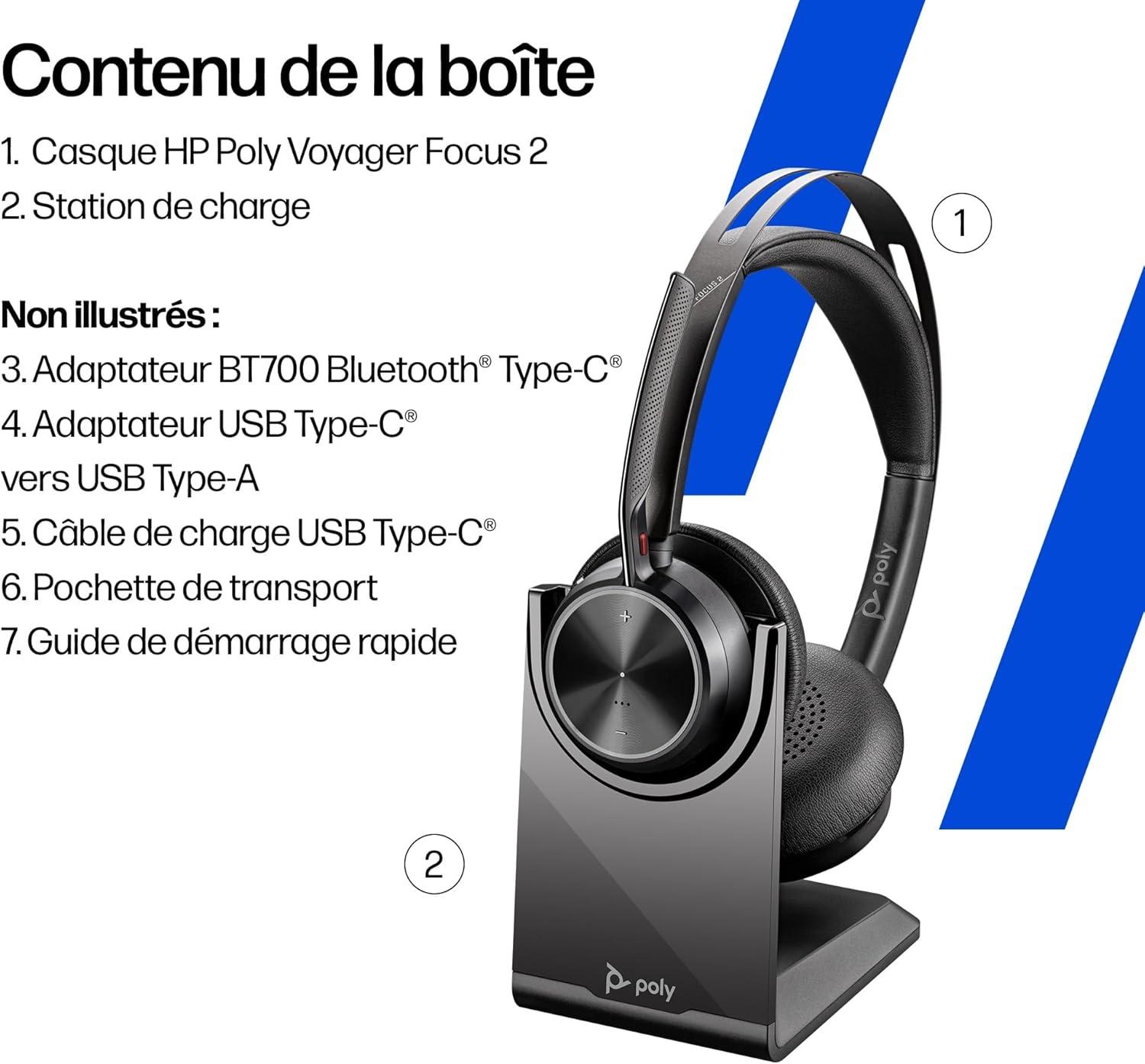 image:imageMicrocasque sans fil Poly Voyager Focus 2 UC avec microphone et socle de chargement Annulation active du bruit ANC Connexion un PCTlphone portable via Bluetooth avec Teams Zoom et plus
